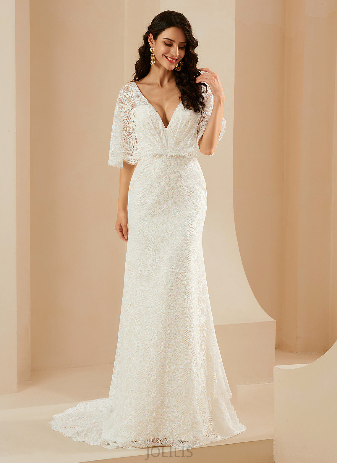 Court Wedding V-neck Trumpet/Mermaid Jasmine Train Dress Wedding Dresses