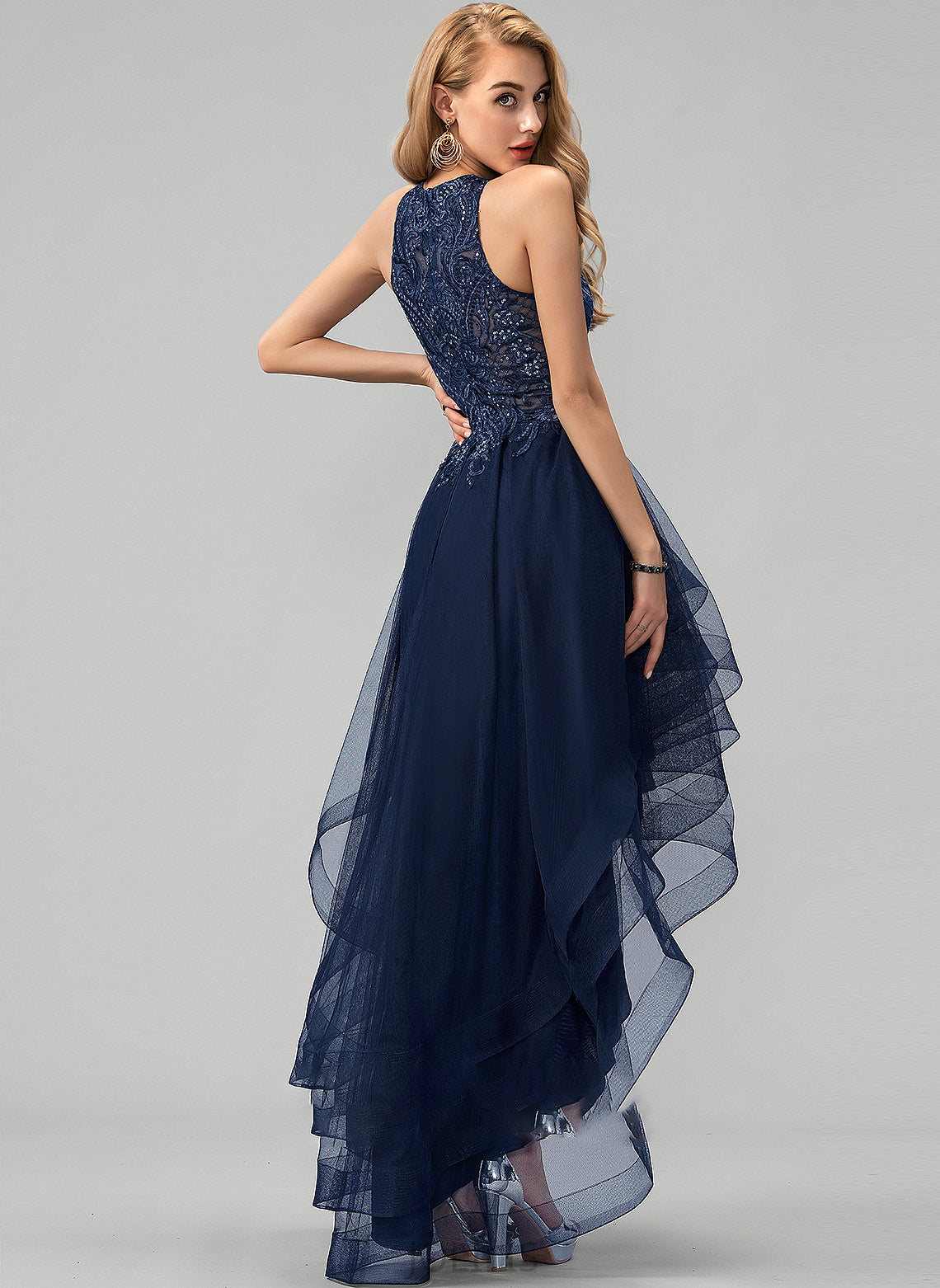 Lace Tulle Beading Asymmetrical With Sequins Angeline Scoop Neck Ball-Gown/Princess Prom Dresses