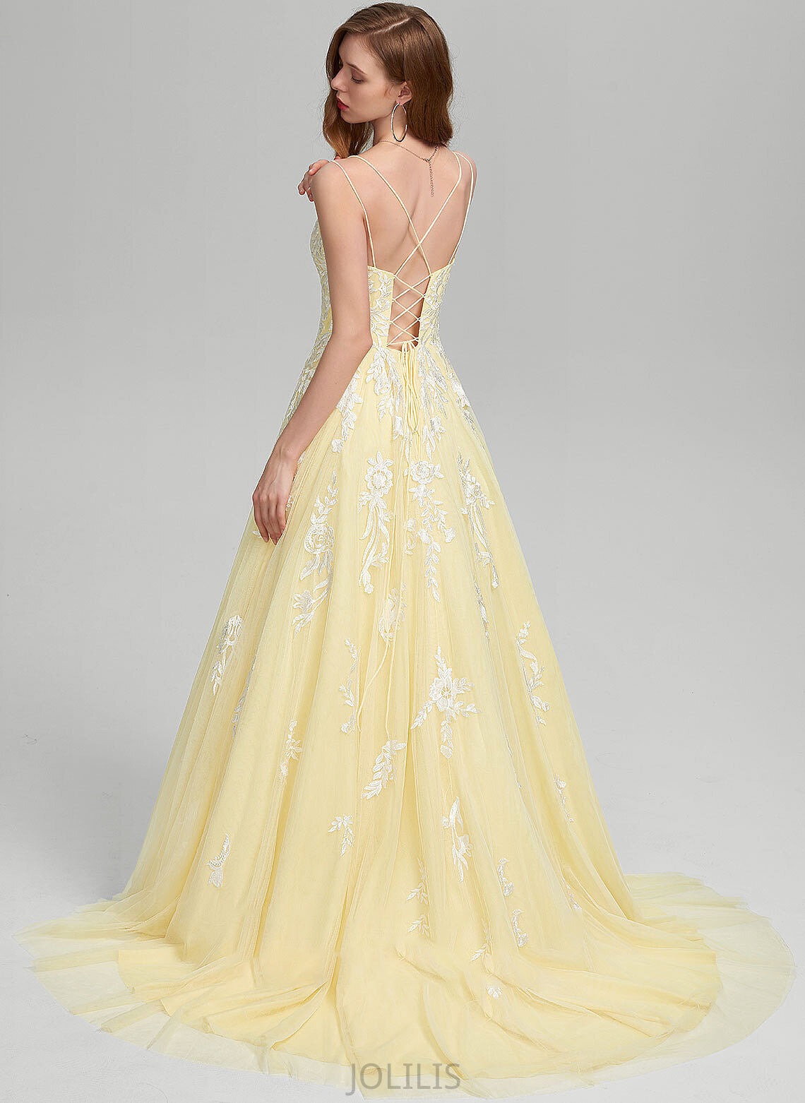 Elvira Square Neckline Train Ball-Gown/Princess Tulle Prom Dresses Sweep