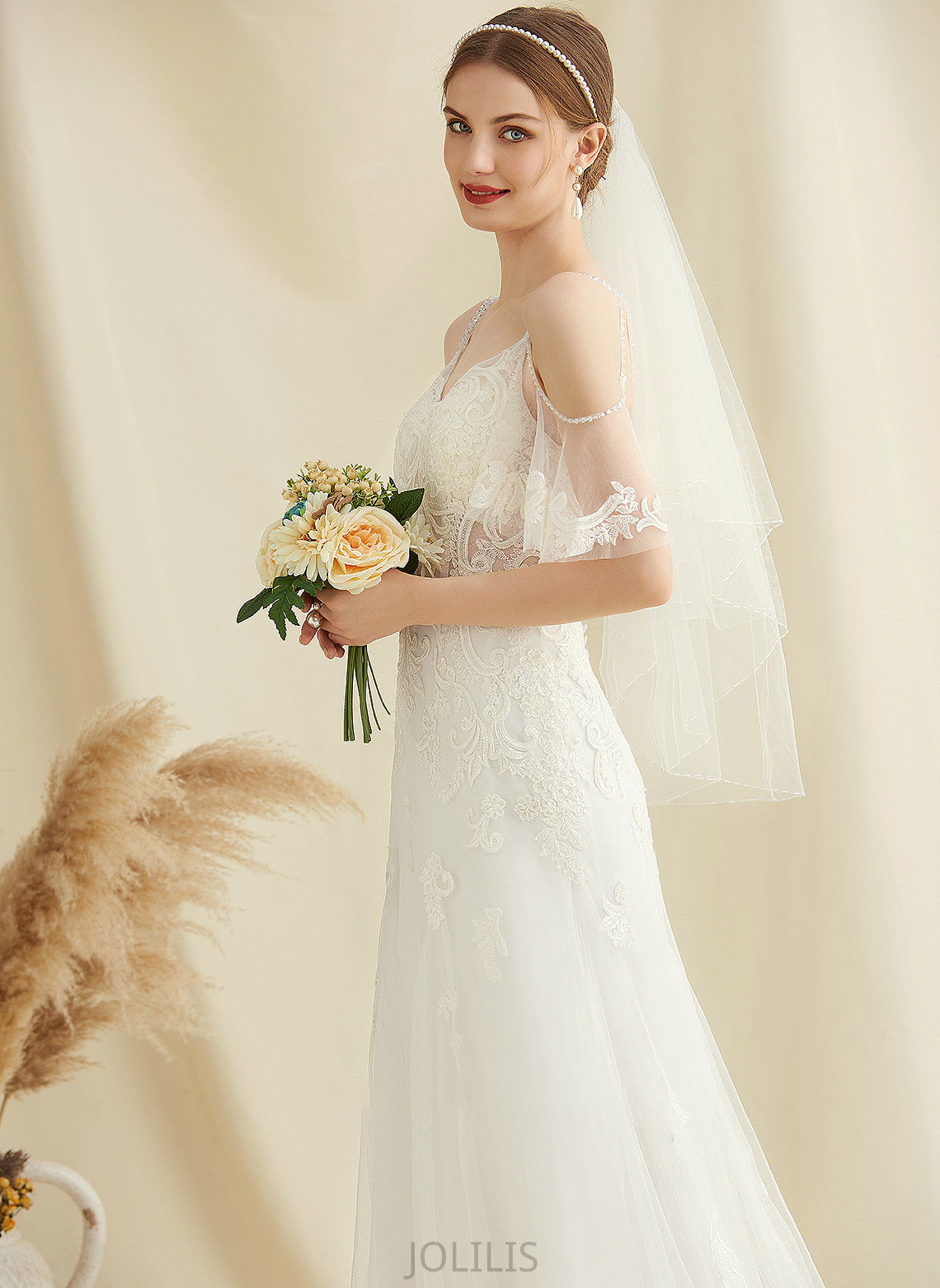 Train Beading Lace A-Line Dress Cora Tulle Wedding Dresses With Wedding Sweep