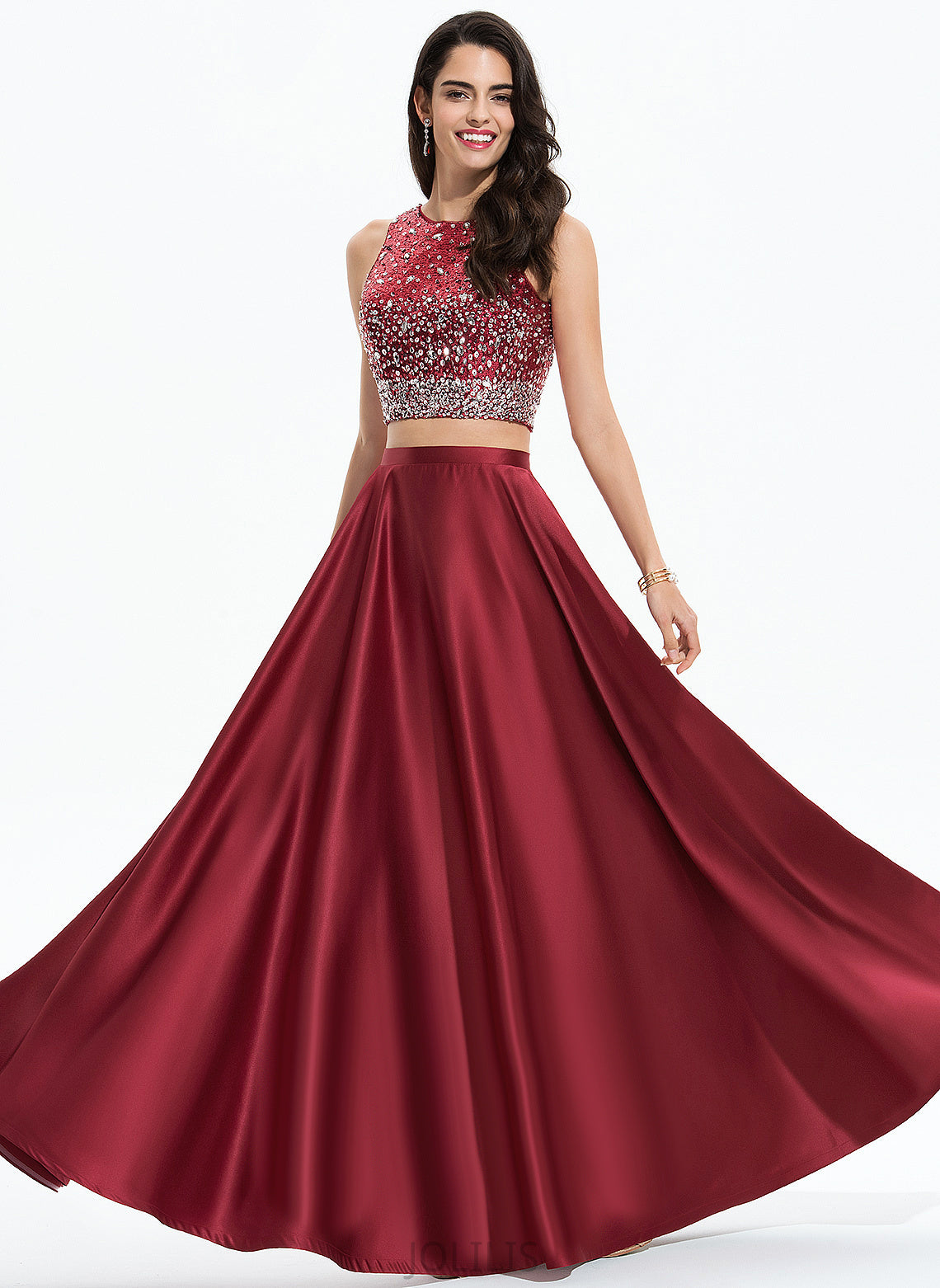 Scoop With Satin Sally Beading Floor-Length Prom Dresses A-Line Sequins