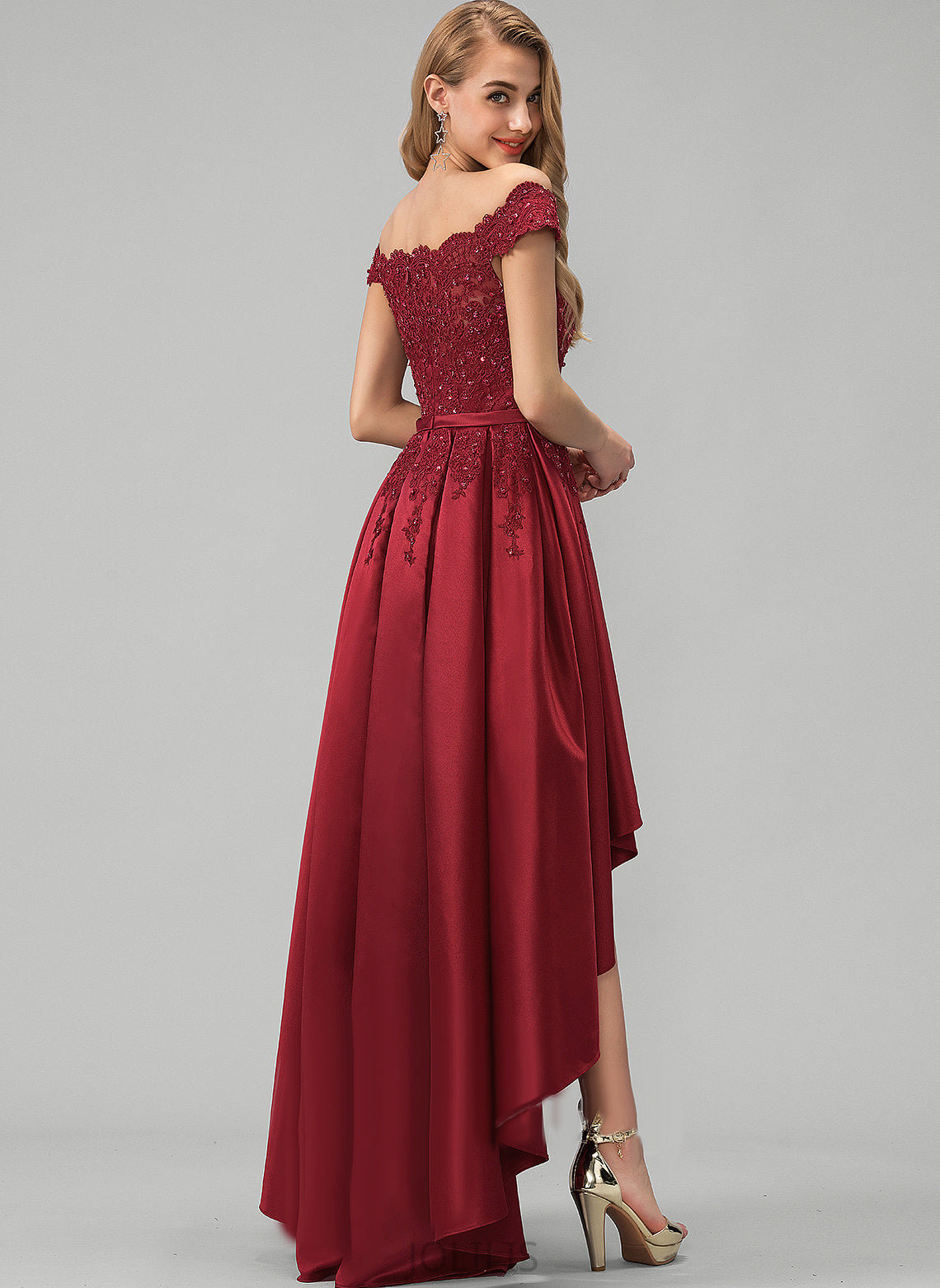 With Ball-Gown/Princess Bow(s) Teresa Sequins Asymmetrical Beading Prom Dresses Off-the-Shoulder Satin