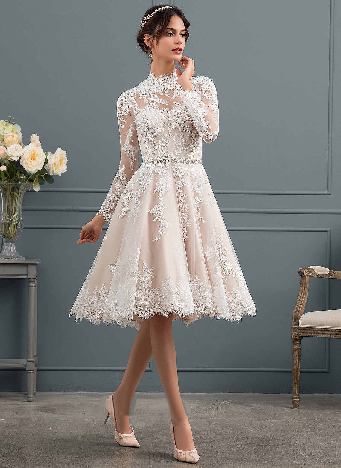 Illusion Knee-Length Lace Dress Wedding Dresses Wedding Clara Tulle A-Line