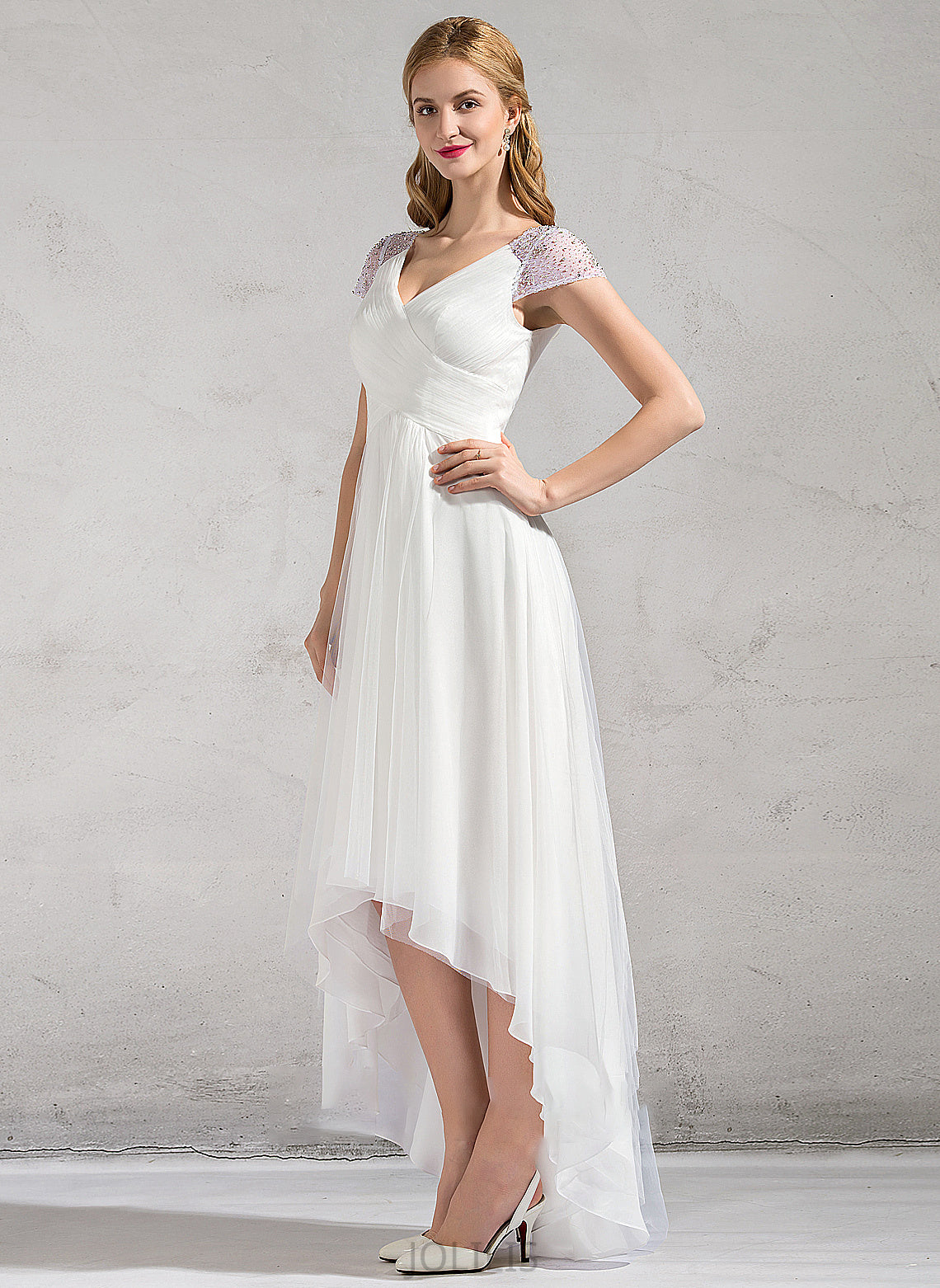 A-Line V-neck Asymmetrical Tulle Lacey Dress Ruffle Sequins Beading Wedding Dresses With Wedding