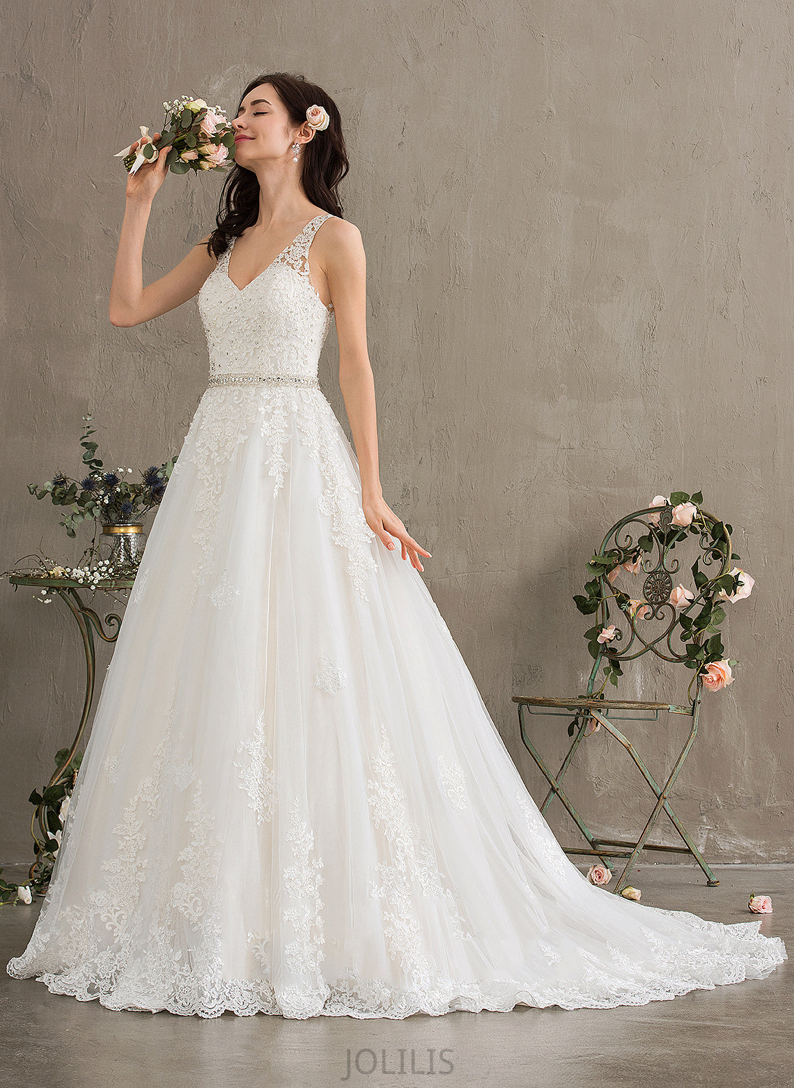 With Wedding Dresses Ball-Gown/Princess Dress Train Sequins Beading Wedding Emmy V-neck Lace Tulle Court