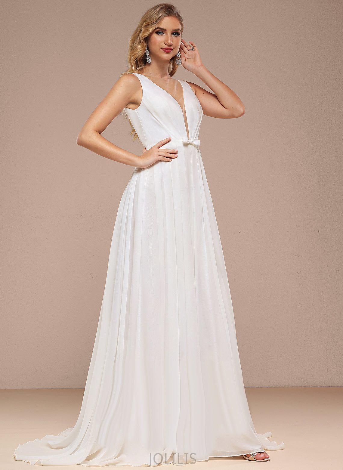 Lainey Train Dress V-neck Bow(s) With Sweep Wedding A-Line Chiffon Wedding Dresses