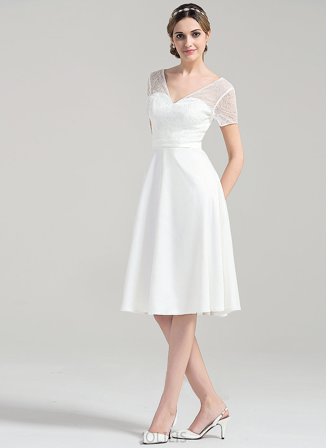 V-neck Wedding Ximena Dress Knee-Length Wedding Dresses Satin A-Line