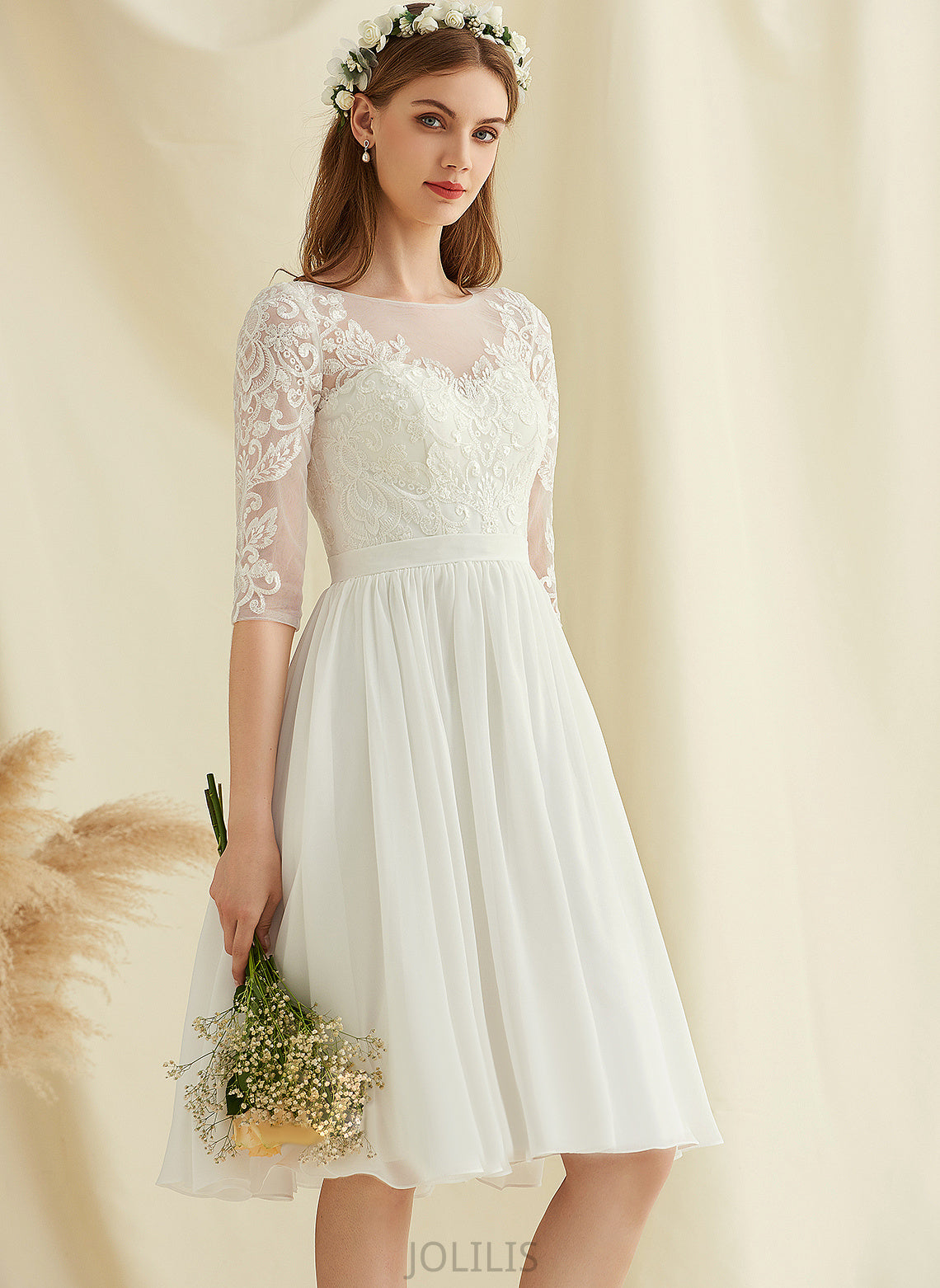 A-Line Scoop Chiffon Wedding Wedding Dresses Sequins With Dress Tiffany Lace Knee-Length