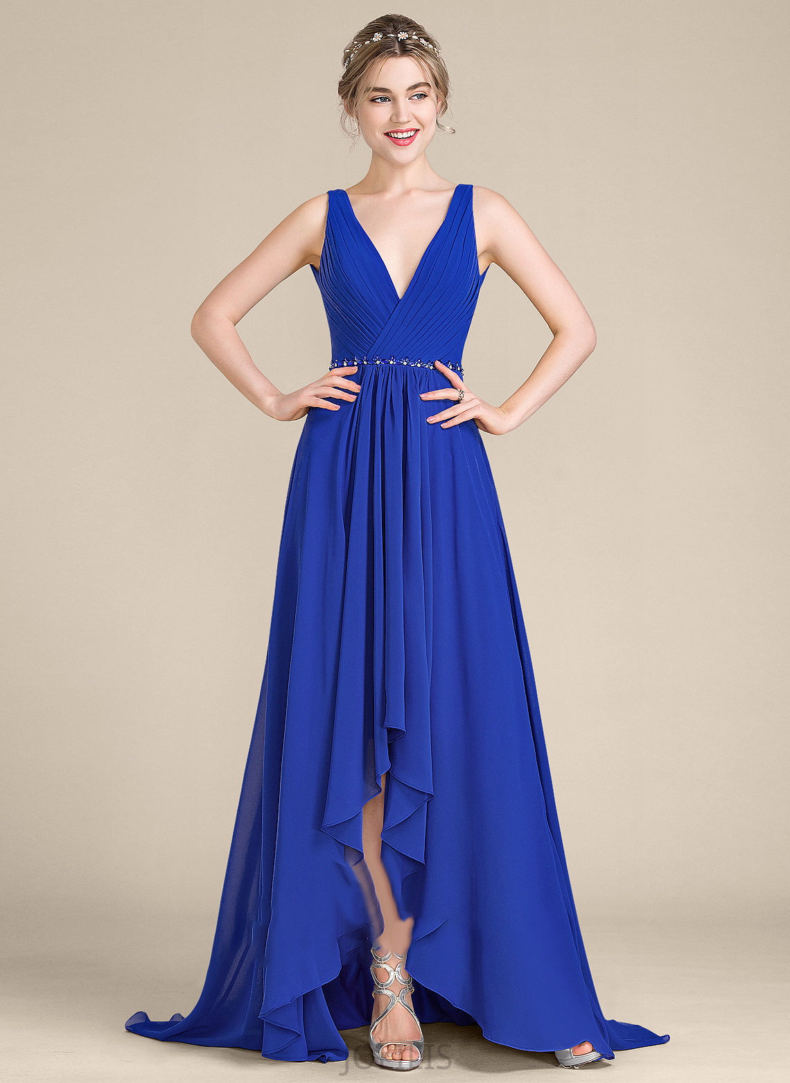 Asymmetrical A-Line With Beading Chiffon Sequins V-neck Prom Dresses Ruffle Sibyl