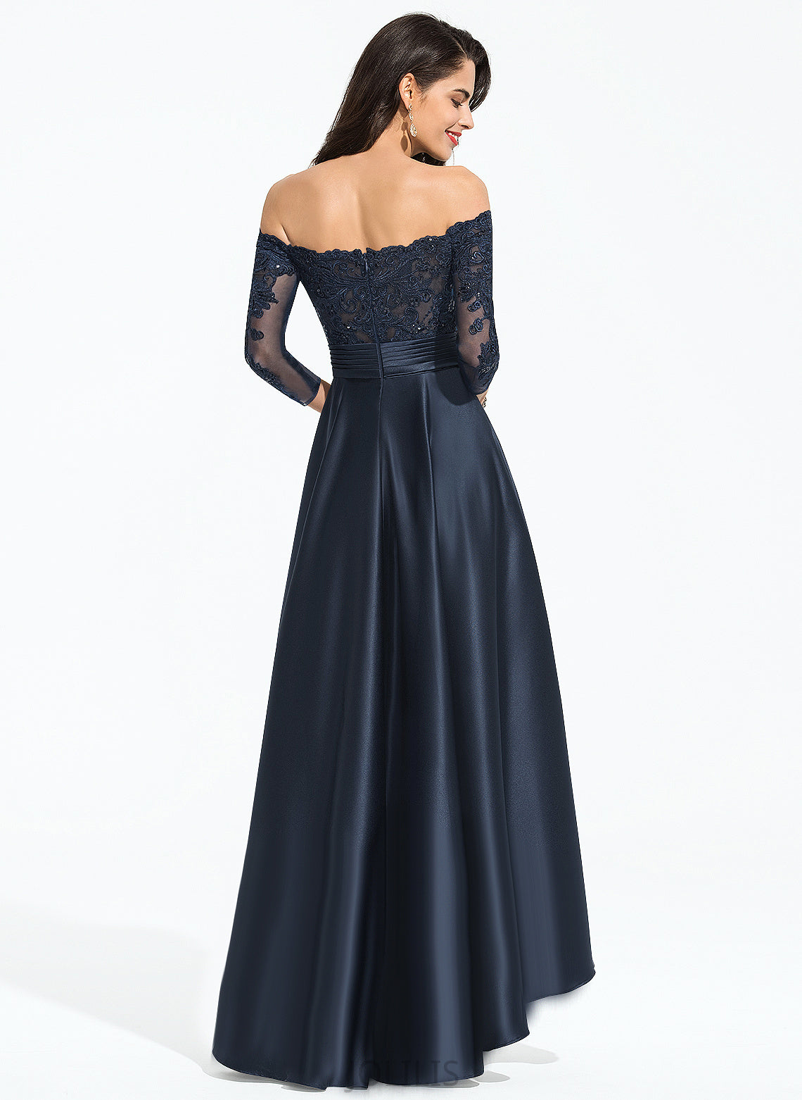 A-Line Sequins Satin Cascading Asymmetrical Ruffles Prom Dresses Off-the-Shoulder Lace Jessie With