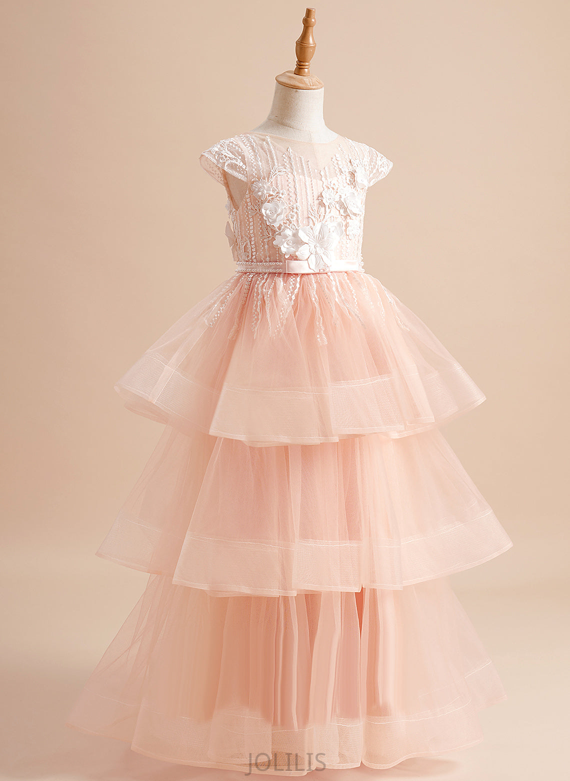 With Neck Finley Sleeves Flower Girl Dresses - Tulle Floor-length Scoop Girl Dress Short Ball-Gown/Princess Beading/Flower(s)/Bow(s) Flower