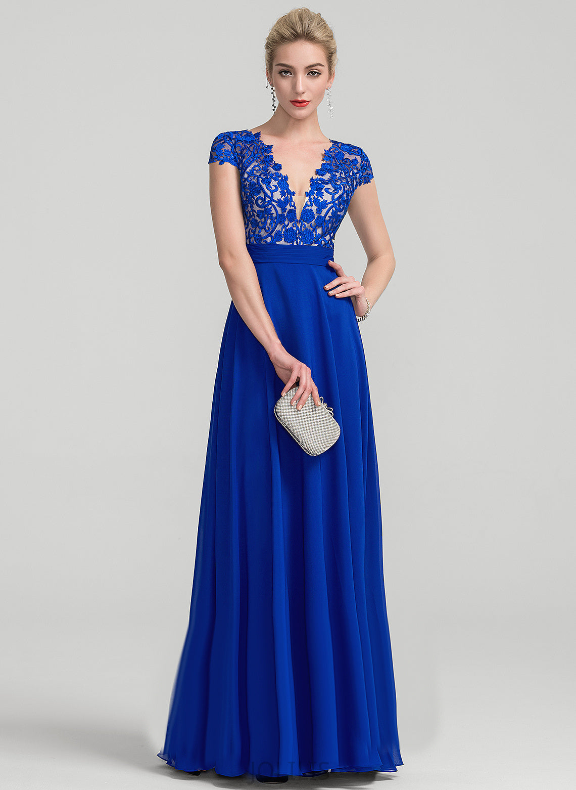 V-neck Prom Dresses Chiffon A-Line Floor-Length Laci Lace