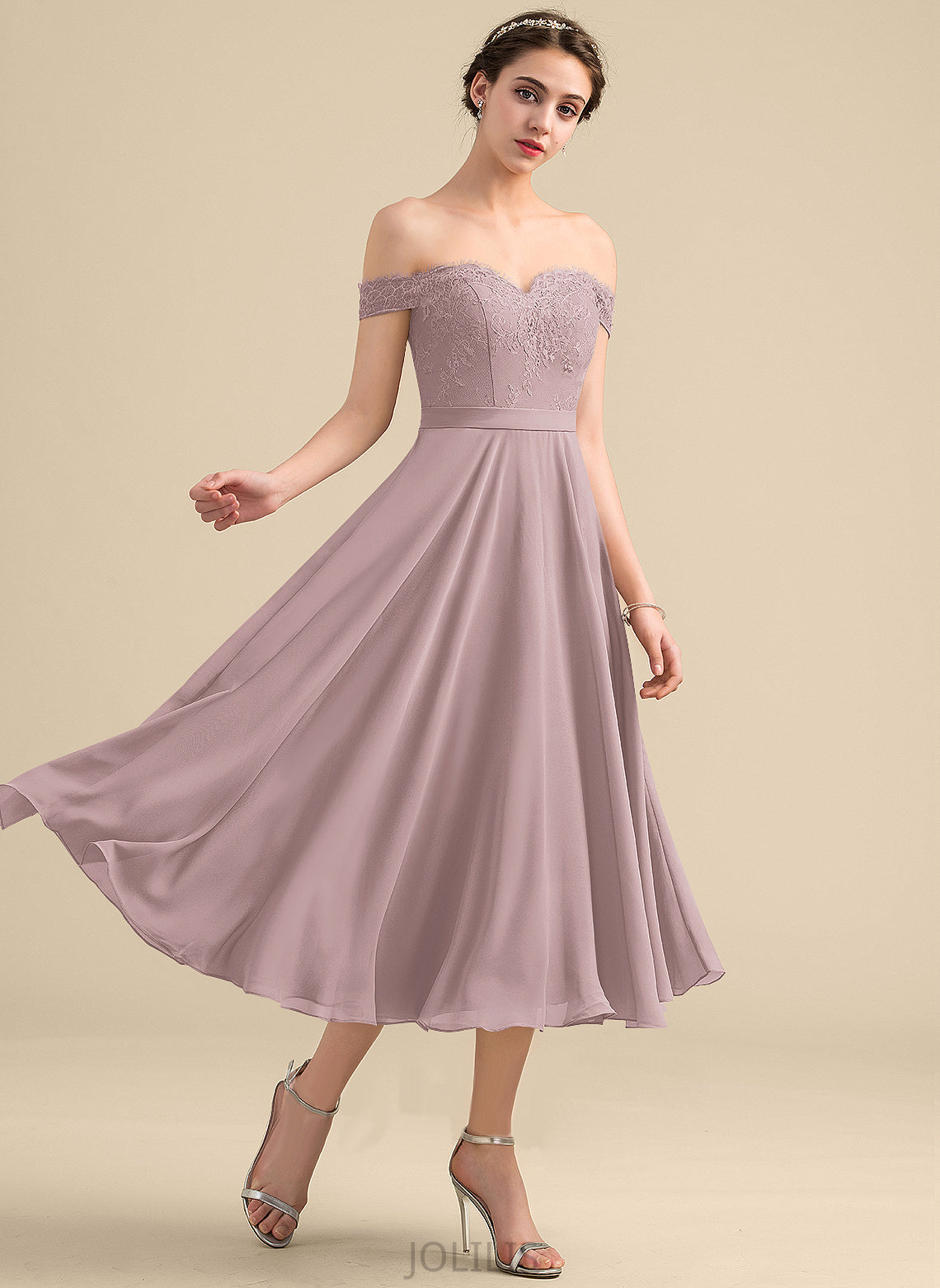 With A-Line Dress Beading Lace Homecoming Dresses Homecoming Off-the-Shoulder Tea-Length Lily Chiffon