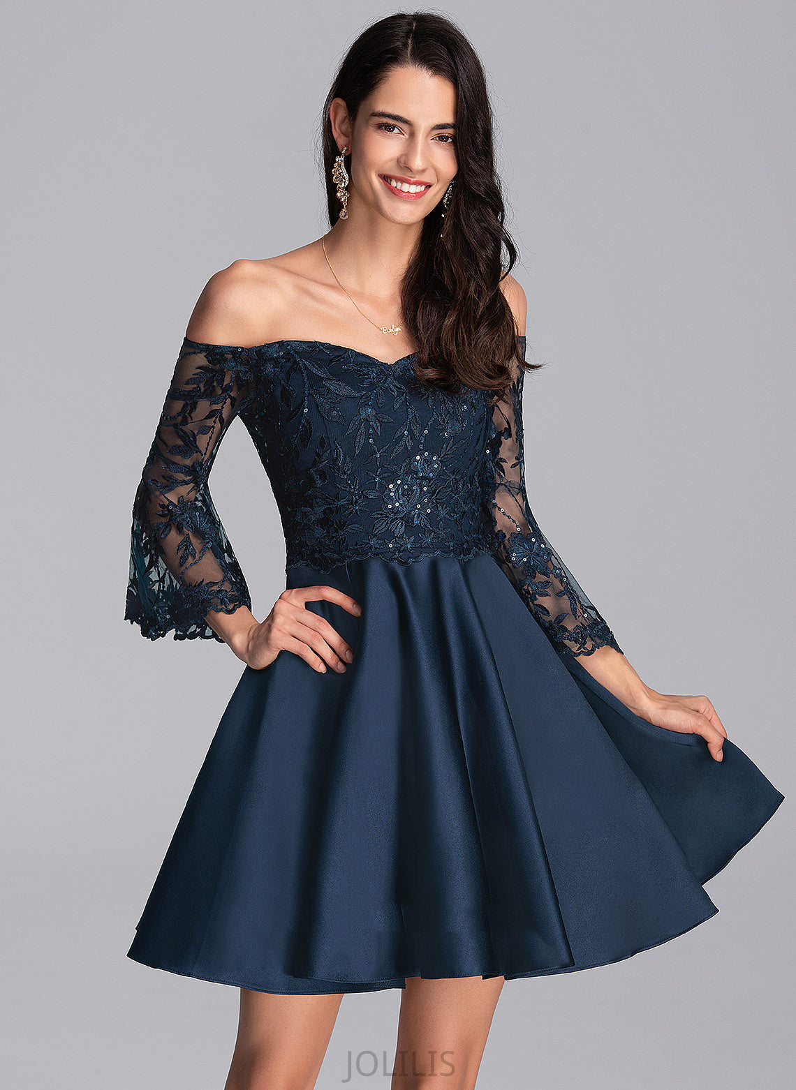 Short/Mini Dress Satin Lace Homecoming Off-the-Shoulder Homecoming Dresses A-Line With Adrianna