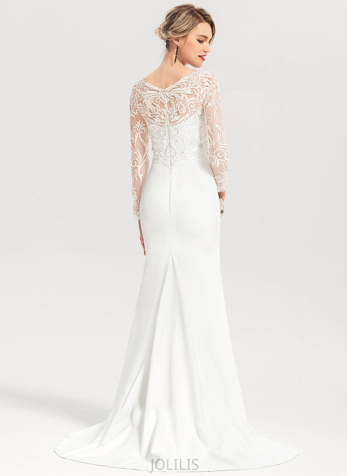 Beading With Dress Sweep Wedding V-neck Wedding Dresses Trumpet/Mermaid Sequins Stretch Train Daniella Crepe