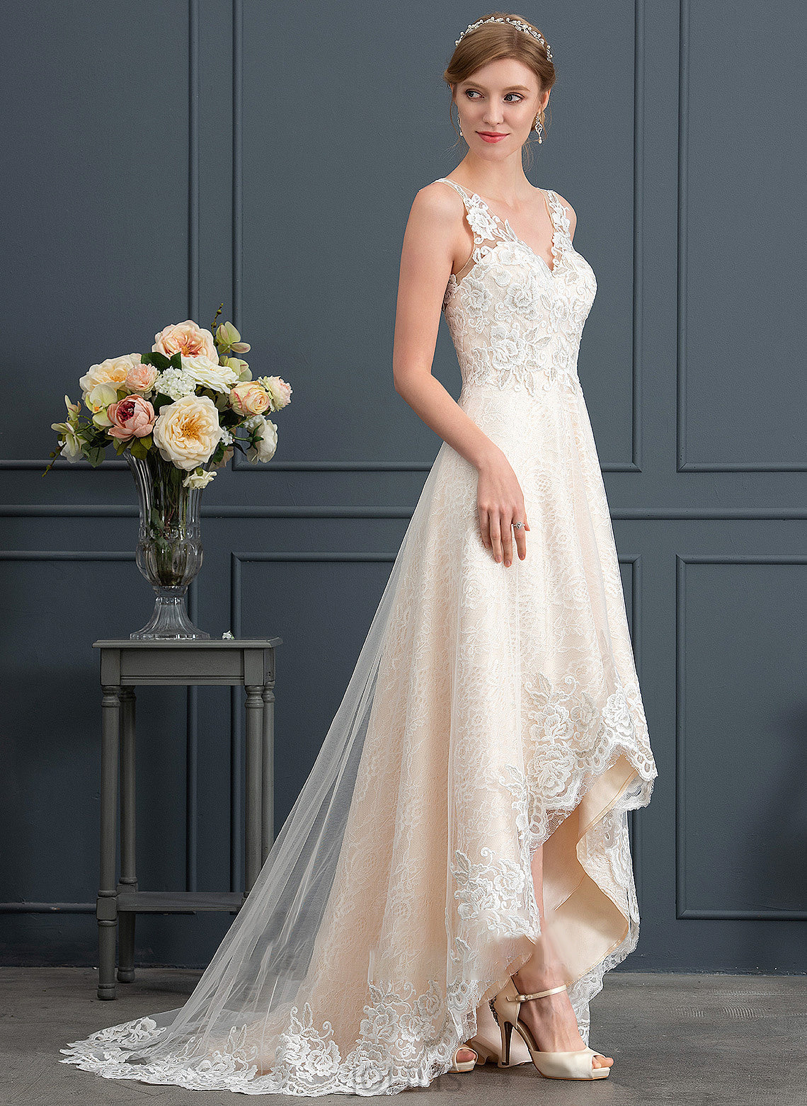 Kiana With Lace Asymmetrical Tulle V-neck Dress A-Line Wedding Dresses Wedding