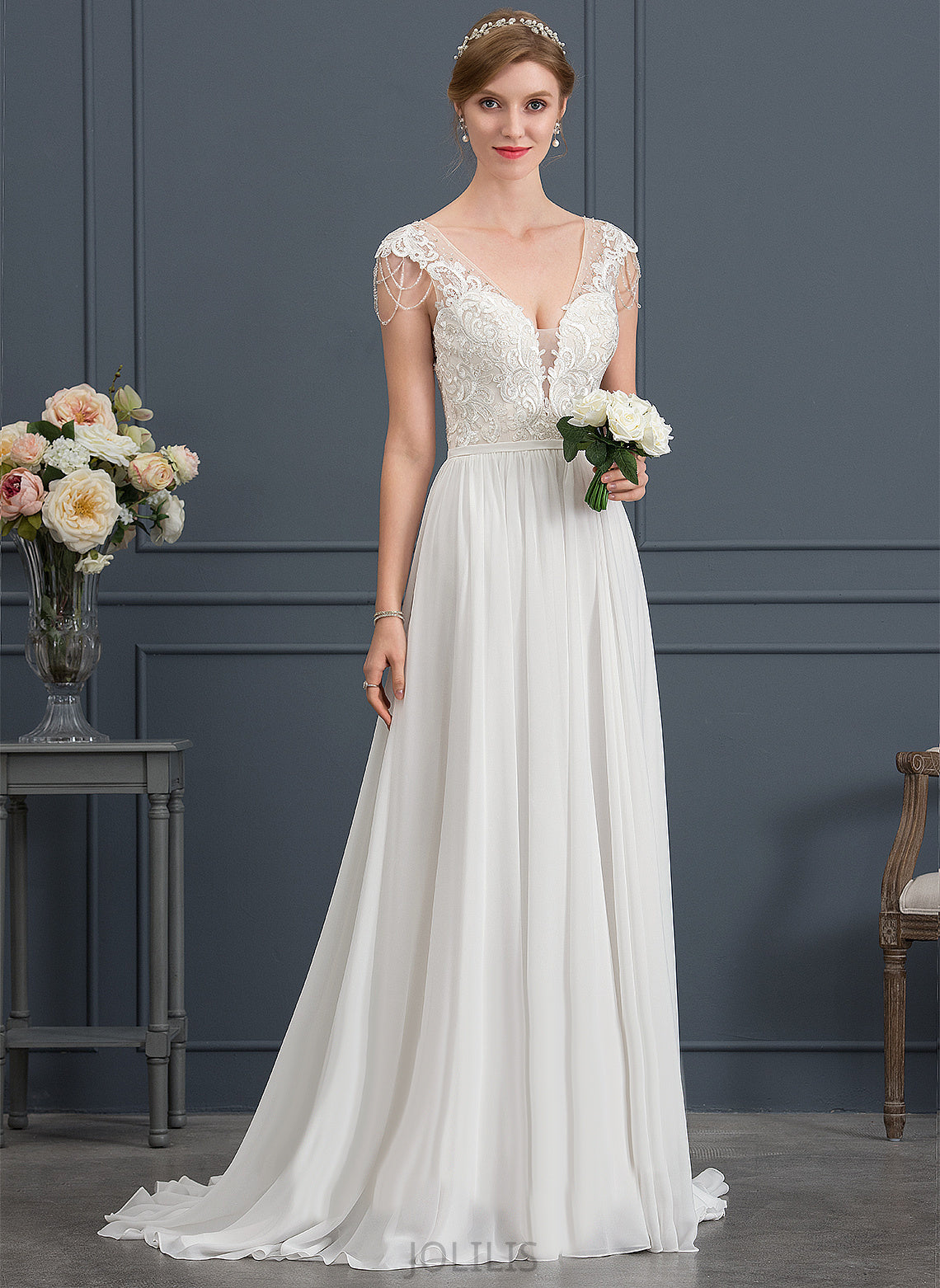 Dress Sequins Amani V-neck A-Line Sweep Train Chiffon With Wedding Lace Beading Wedding Dresses