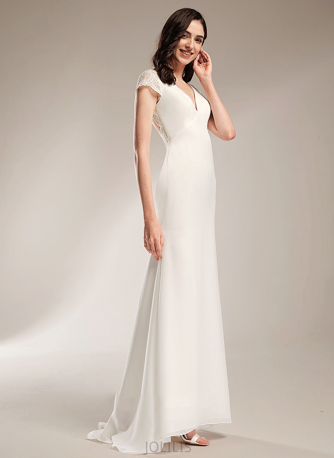 Sheath/Column Wedding Lace Sweep V-neck Dress Wedding Dresses Train With Areli