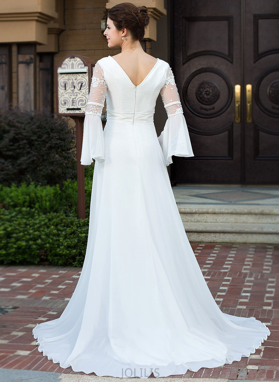 Beading Kailee Court Chiffon Wedding Wedding Dresses A-Line Lace V-neck With Dress Train