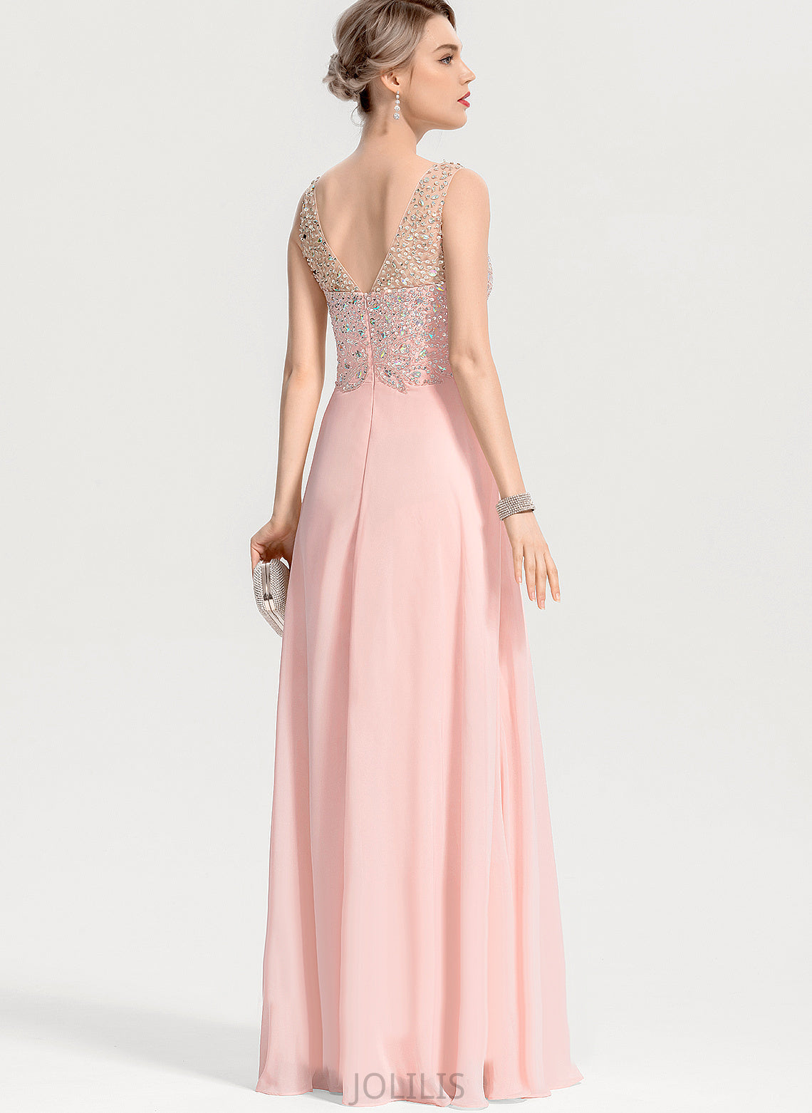 With A-Line Sequins Floor-Length Chiffon Jazlene Beading Prom Dresses V-neck