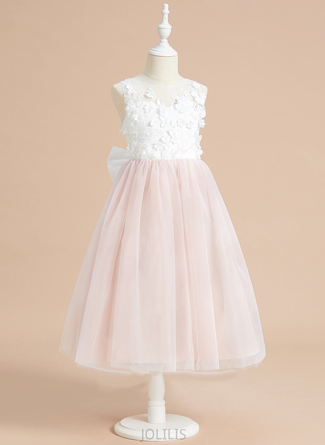 Tulle - Sleeveless Flower Girl Dresses Flower Valery Neck A-Line Scoop With Lace/Flower(s)/Bow(s) Tea-length Girl Dress