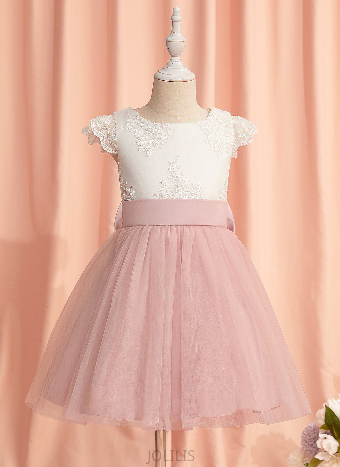 Lace/Bow(s) Scoop With Flower Brynn Neck Short Flower Girl Dresses A-Line Dress - Sleeves Tulle Knee-length Girl