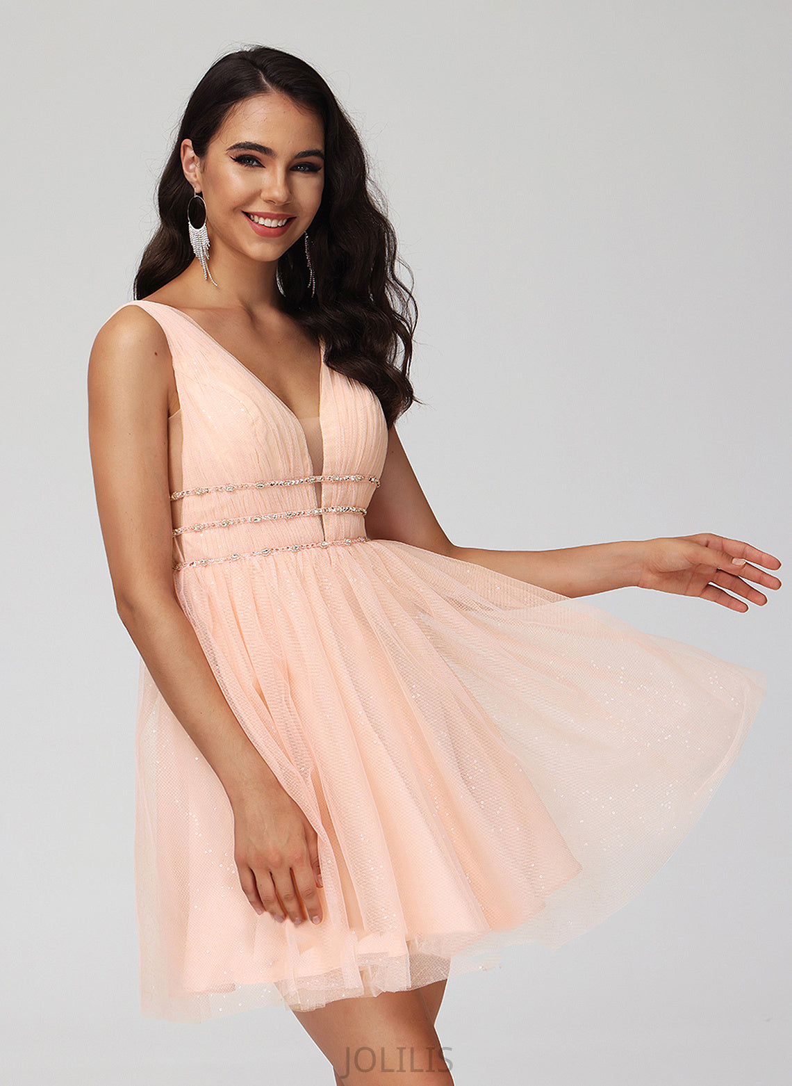 V-neck Dress Tulle A-Line Short/Mini Homecoming Dresses Homecoming With Beading Keyla Sequins