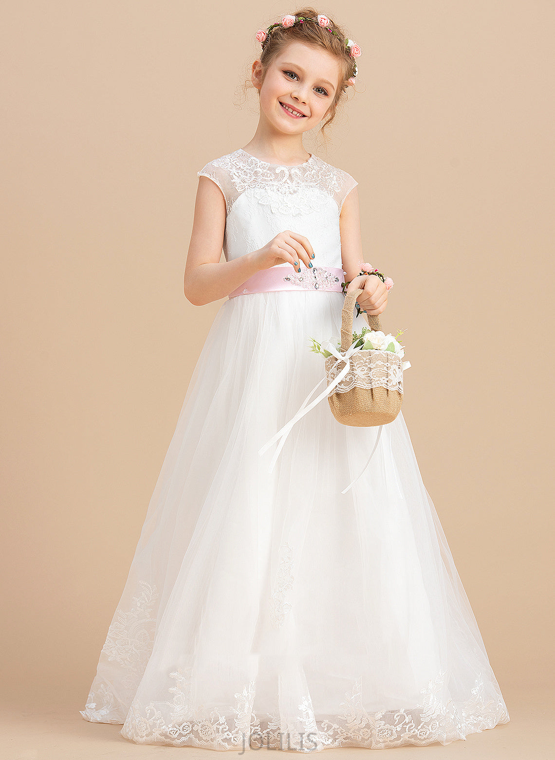 Dress Karina NOT Tulle/Lace included) With (Petticoat Floor-length Girl Flower Neck Flower Girl Dresses - Sleeveless Ball-Gown/Princess Scoop Sash/Beading/Appliques/Bow(s)