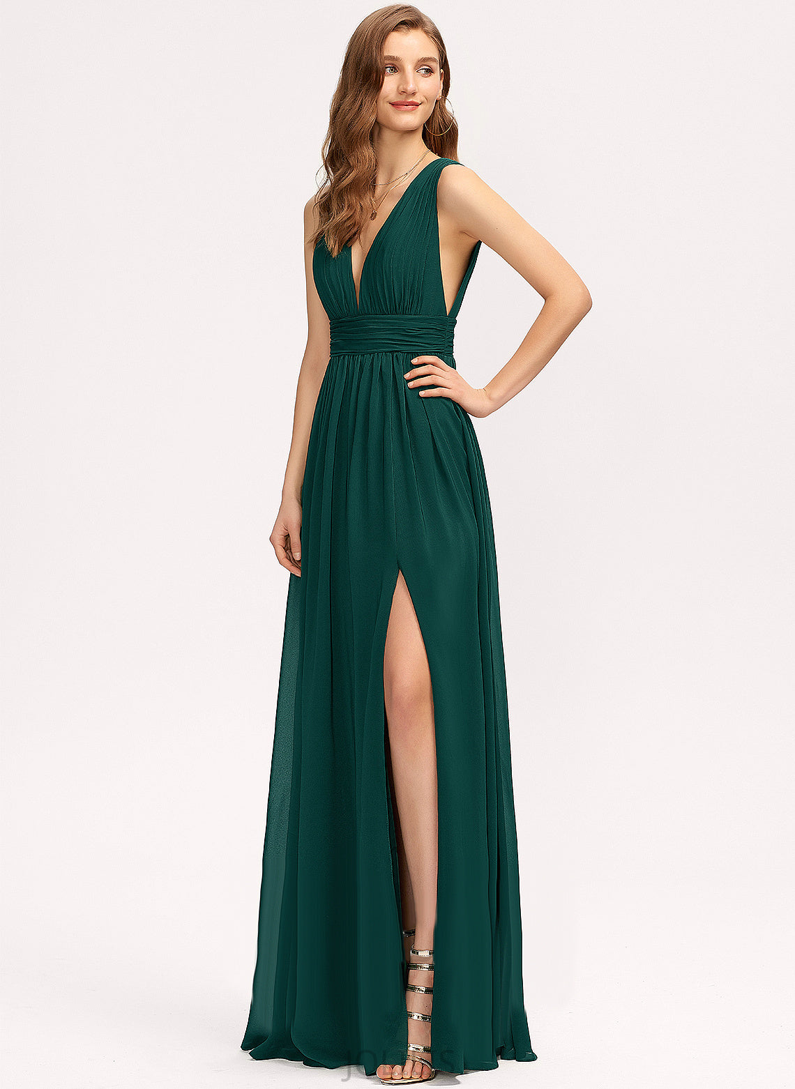 Floor-Length Prom Dresses A-Line Pleated Chiffon V-neck With Amelia