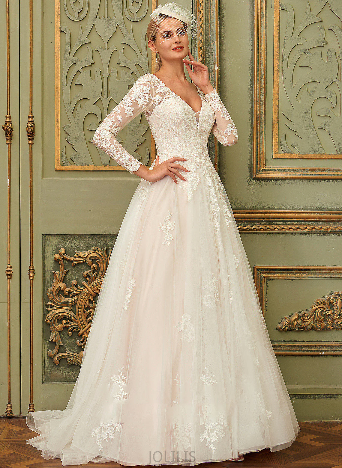 Ball-Gown/Princess Wedding Dresses Gabrielle Sweep Tulle V-neck Train Dress Wedding Lace