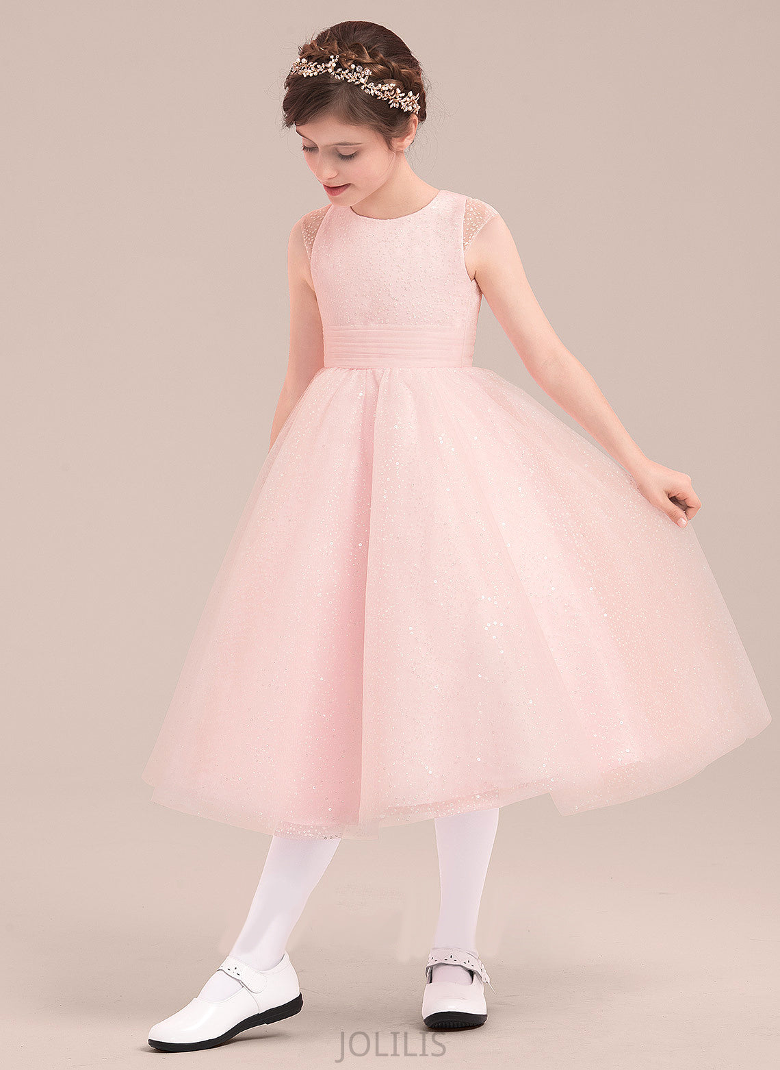 Girl Lina Tea-length Tulle With Dress Flower A-Line/Princess Bow(s) Neck Flower Girl Dresses - Sleeveless Scoop