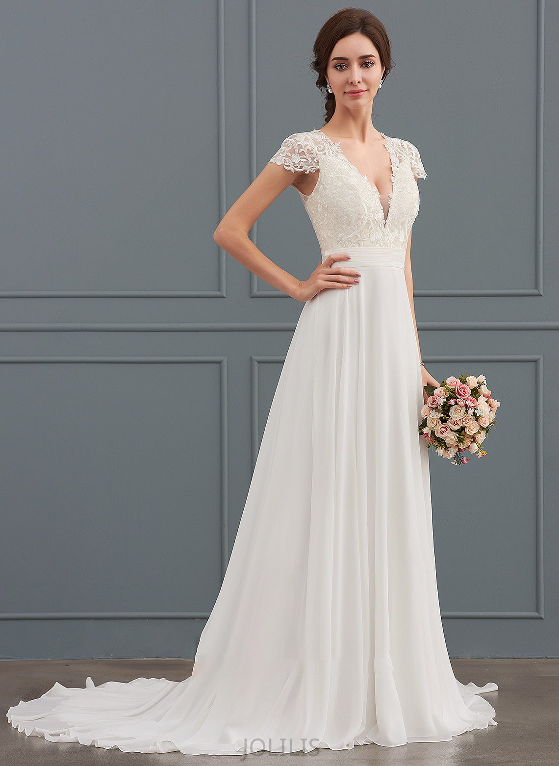 A-Line Ruffle V-neck Train Wedding Dresses Chiffon Wedding Jordan With Sweep Dress