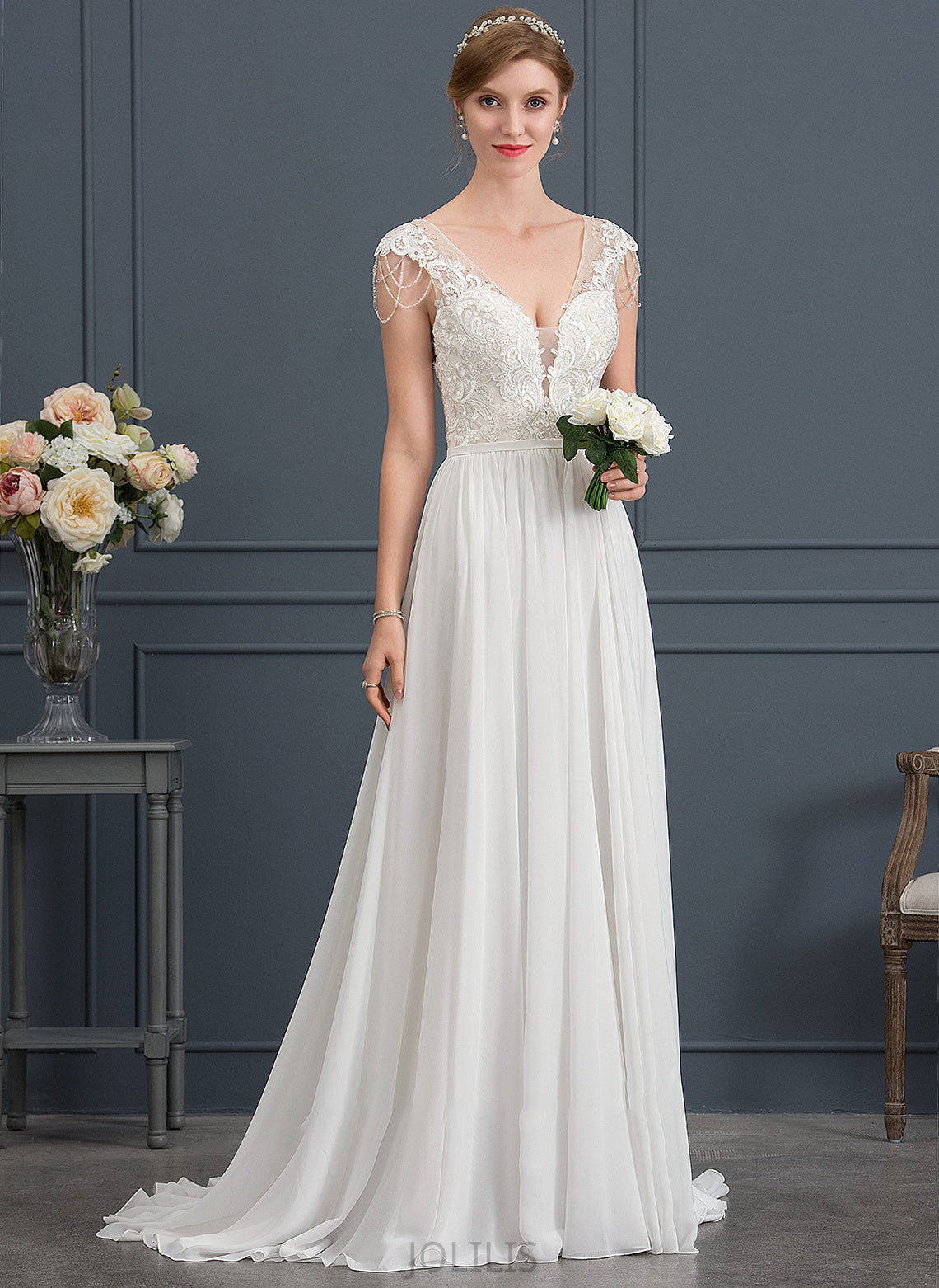 With Wedding Dresses Dress Train Beading Sweep Wedding Chiffon Corinne V-neck Sequins A-Line