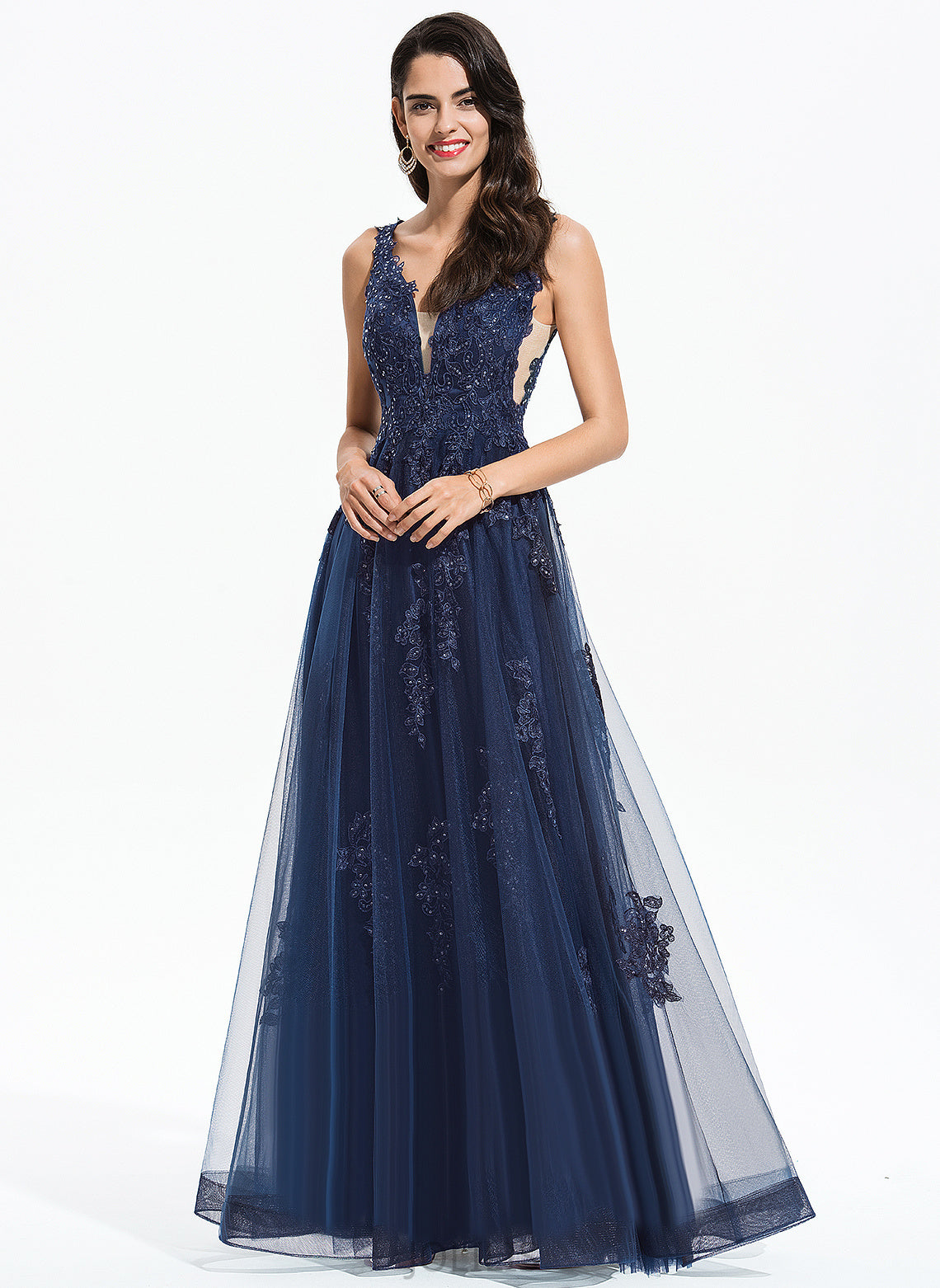 Sequins Floor-Length Tulle A-Line Emelia Prom Dresses With V-neck