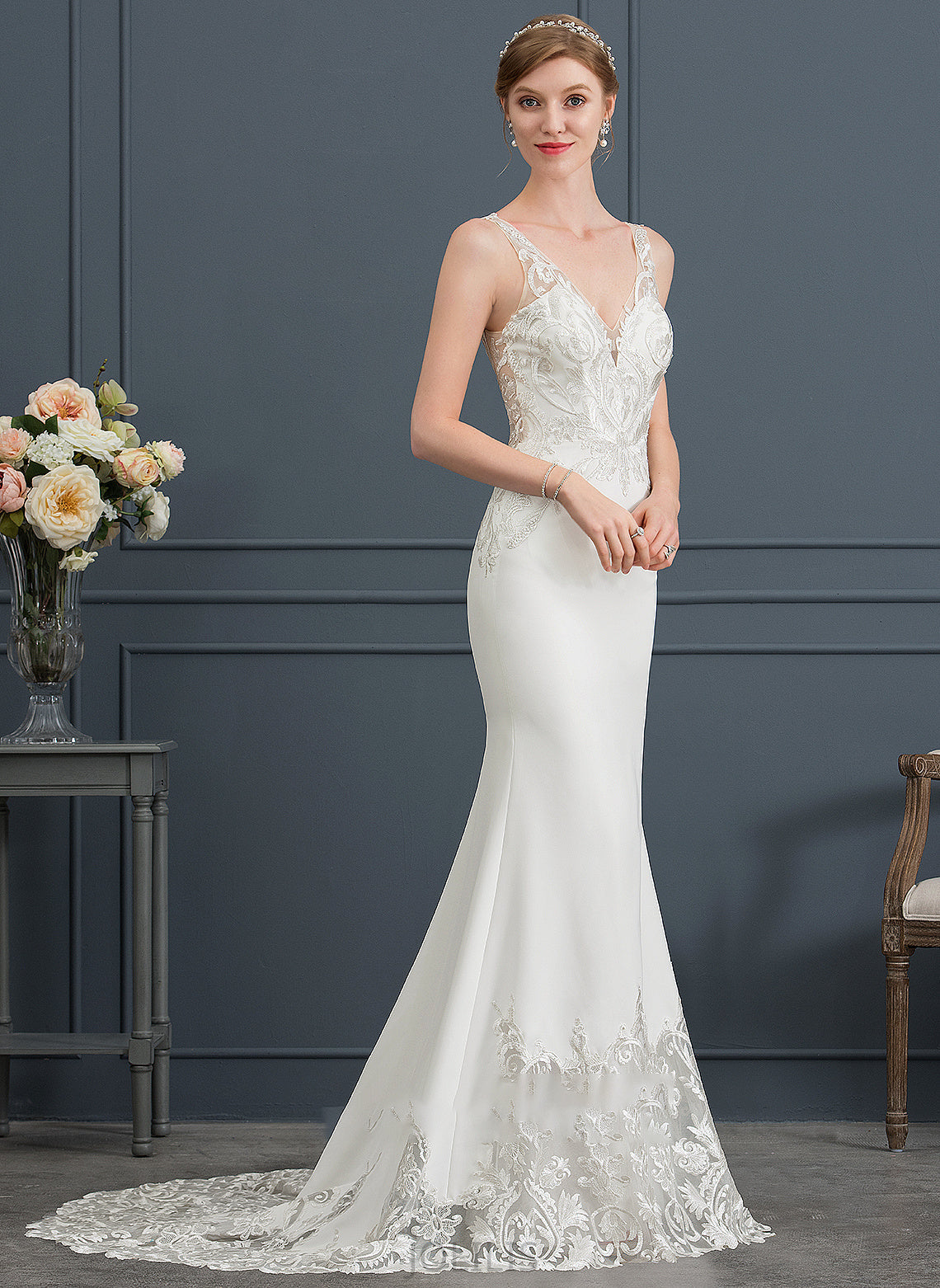 Crepe Trumpet/Mermaid Wedding Dresses Jaylyn Stretch Train Dress Wedding Court V-neck