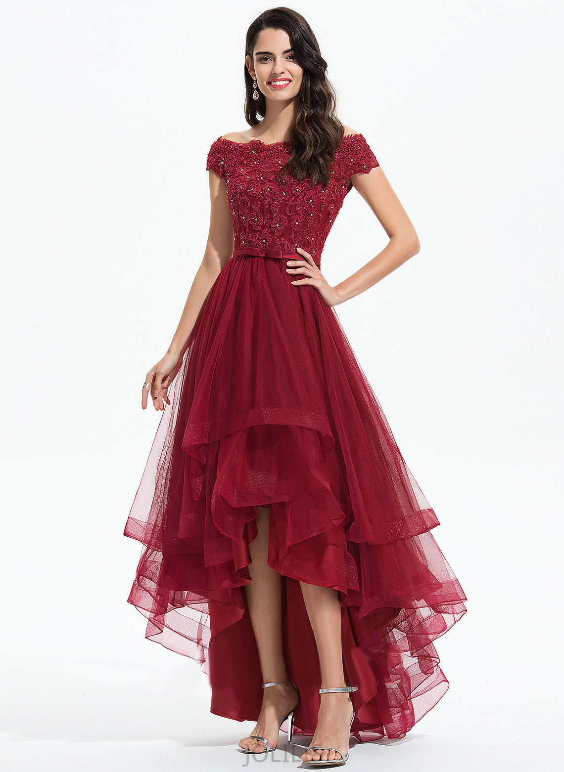 Lace Beading Prom Dresses Tina A-Line Asymmetrical Bow(s) Tulle Sequins With Off-the-Shoulder