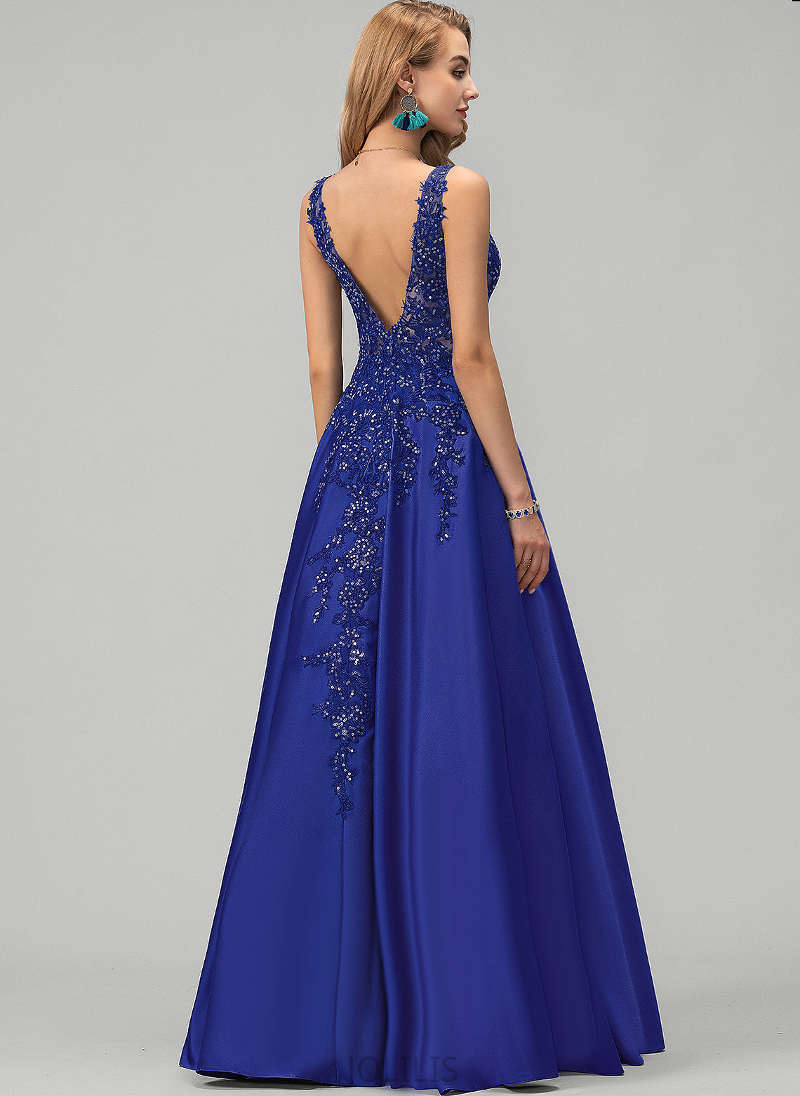 Floor-Length Sequins With A-Line V-neck Prom Dresses Satin Alexandria