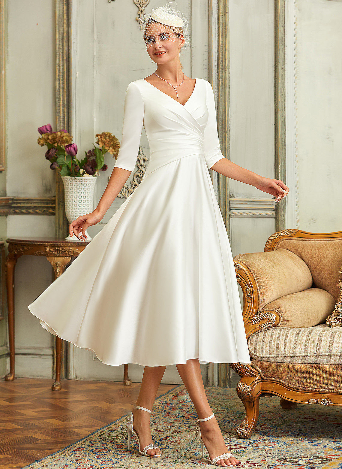 Satin Wedding Dresses Madeline Tea-Length Dress Wedding A-Line V-neck