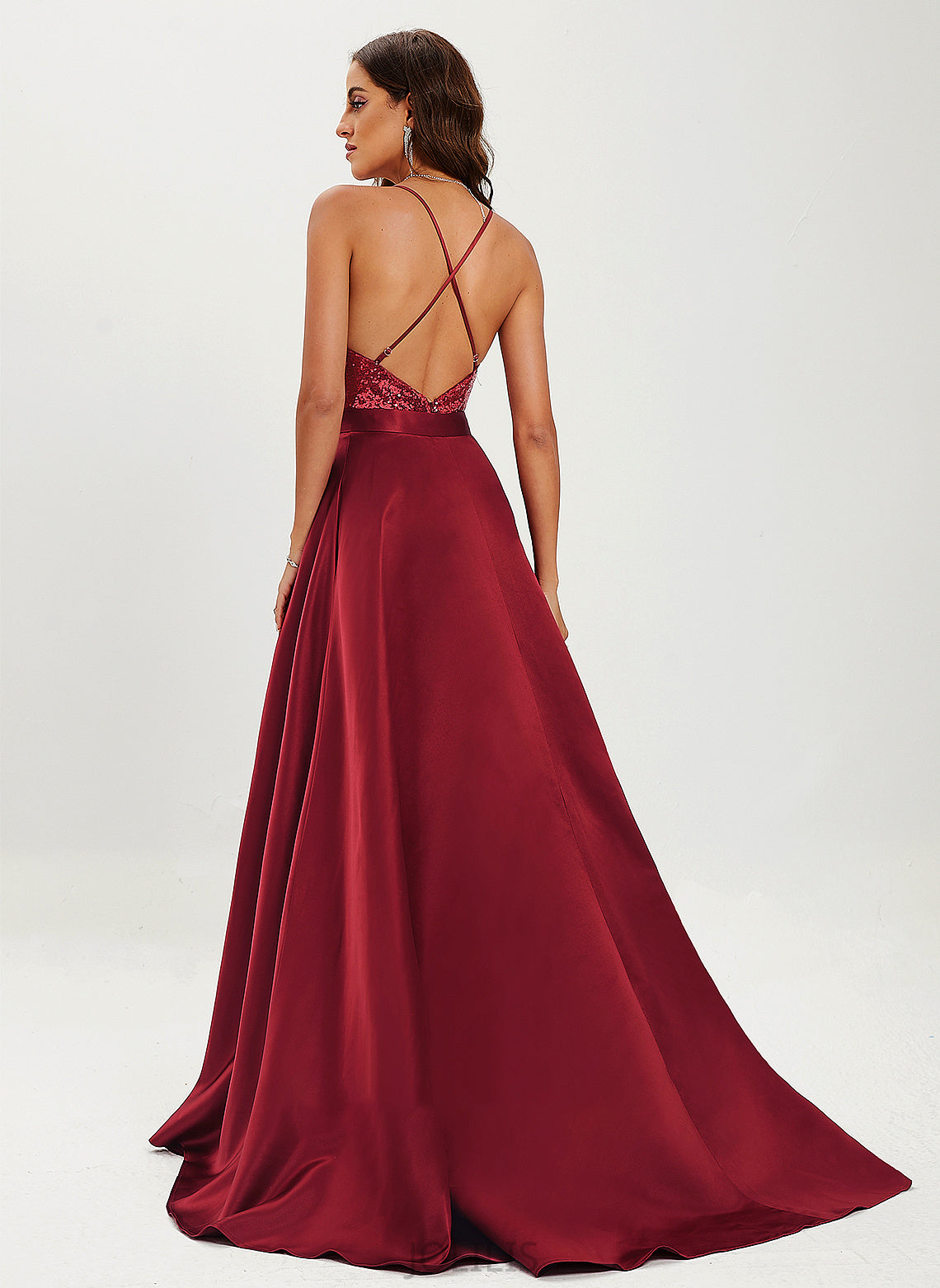 Scoop Sequins Satin Train Prom Dresses Marisol With Ball-Gown/Princess Sweep Neck