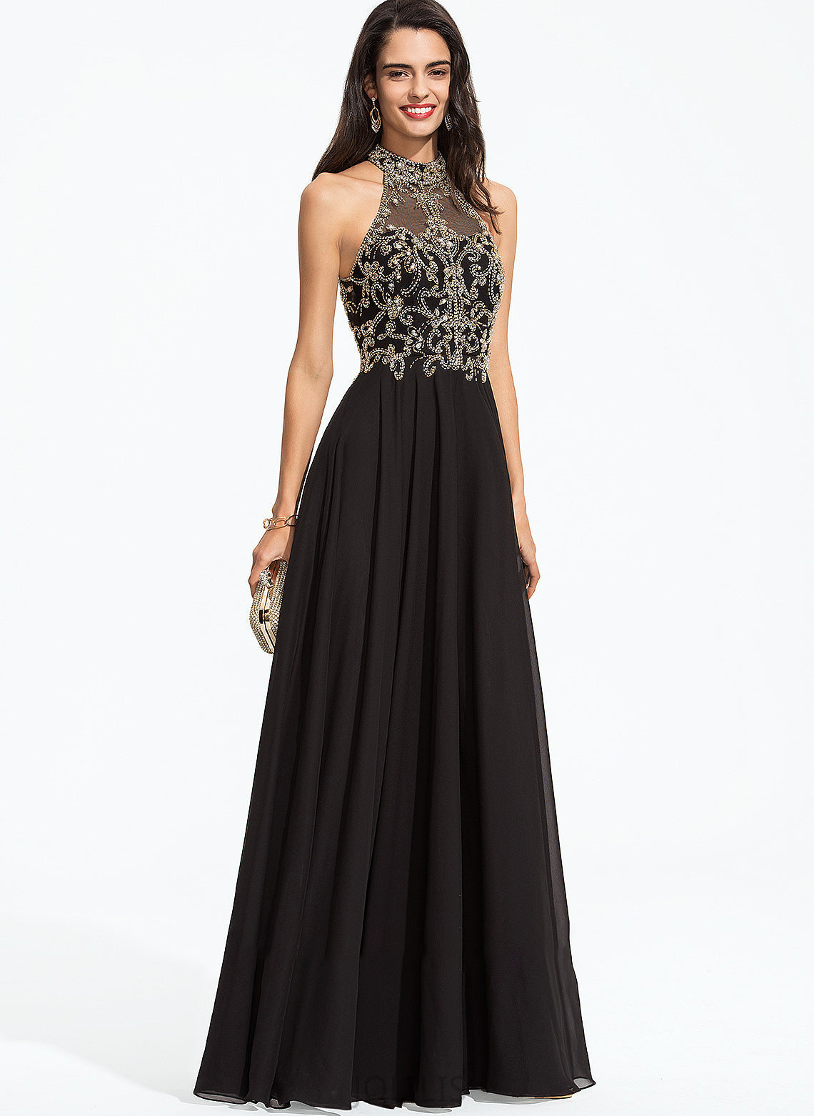 Chiffon With Beading Neck Clarissa A-Line High Floor-Length Prom Dresses Sequins