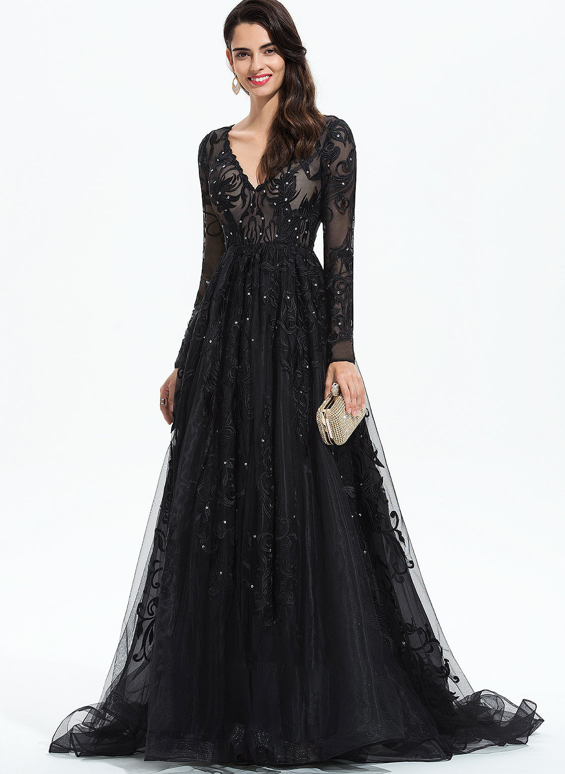 Hadley V-neck Ball-Gown/Princess Sweep Sequins With Train Prom Dresses Tulle Lace