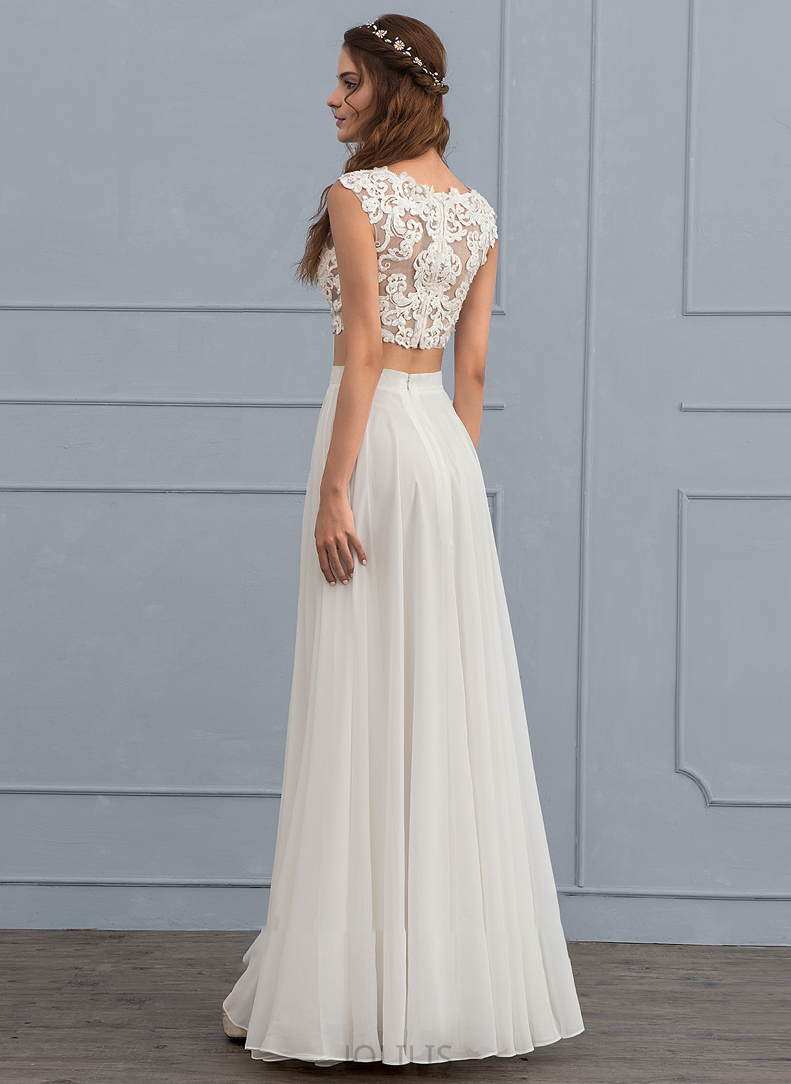 A-Line Veronica Scoop Dress Sequins Wedding Dresses Beading Floor-Length Chiffon With Neck Wedding