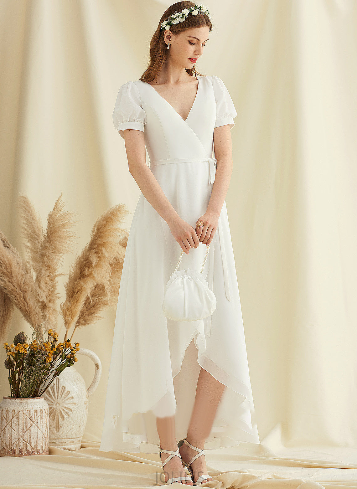 Chiffon Dress Kaelyn Asymmetrical Wedding Wedding Dresses V-neck A-Line