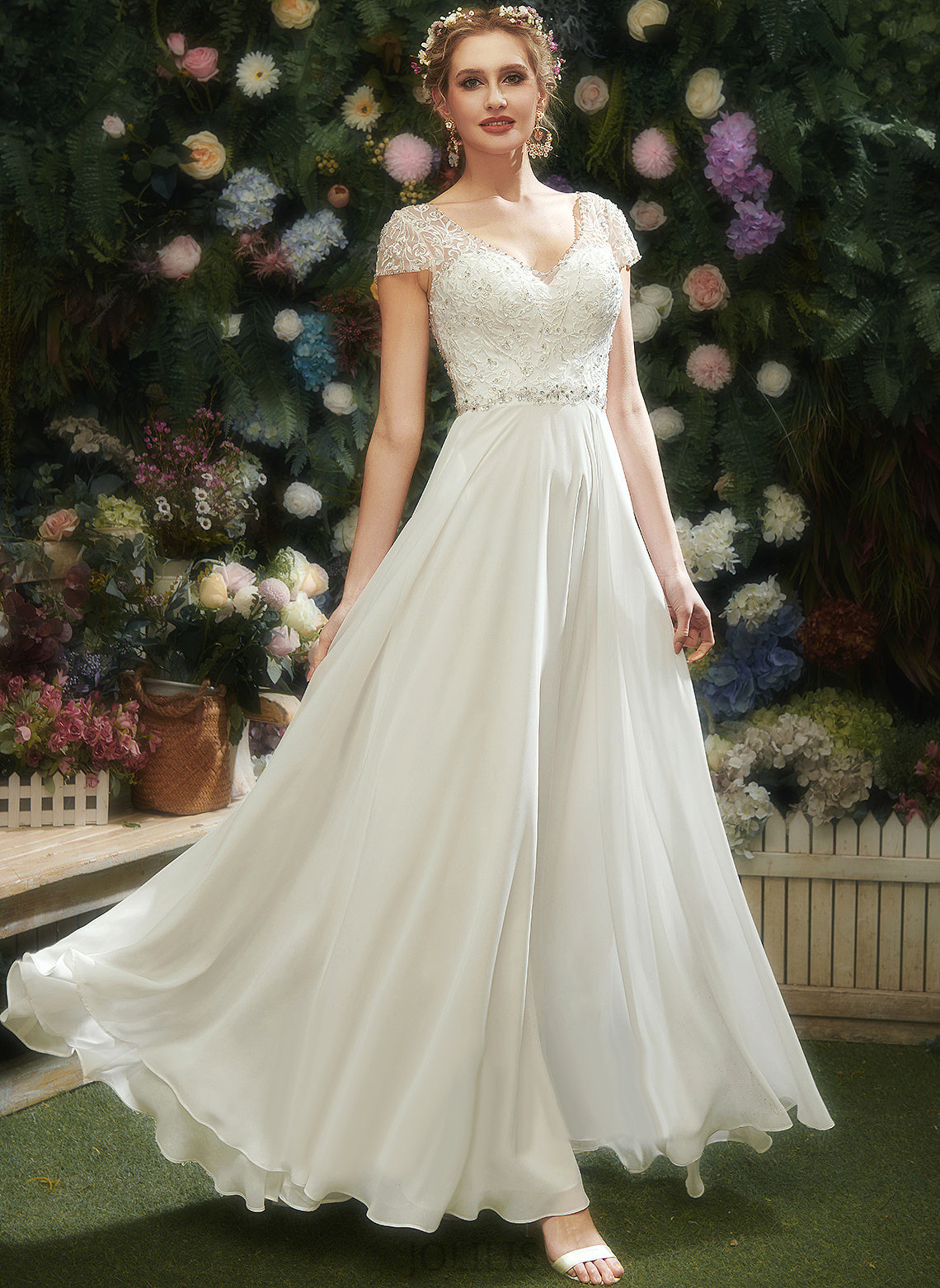 Dress Floor-Length Lace Beading Joanna Chiffon Wedding Wedding Dresses With V-neck Sequins A-Line