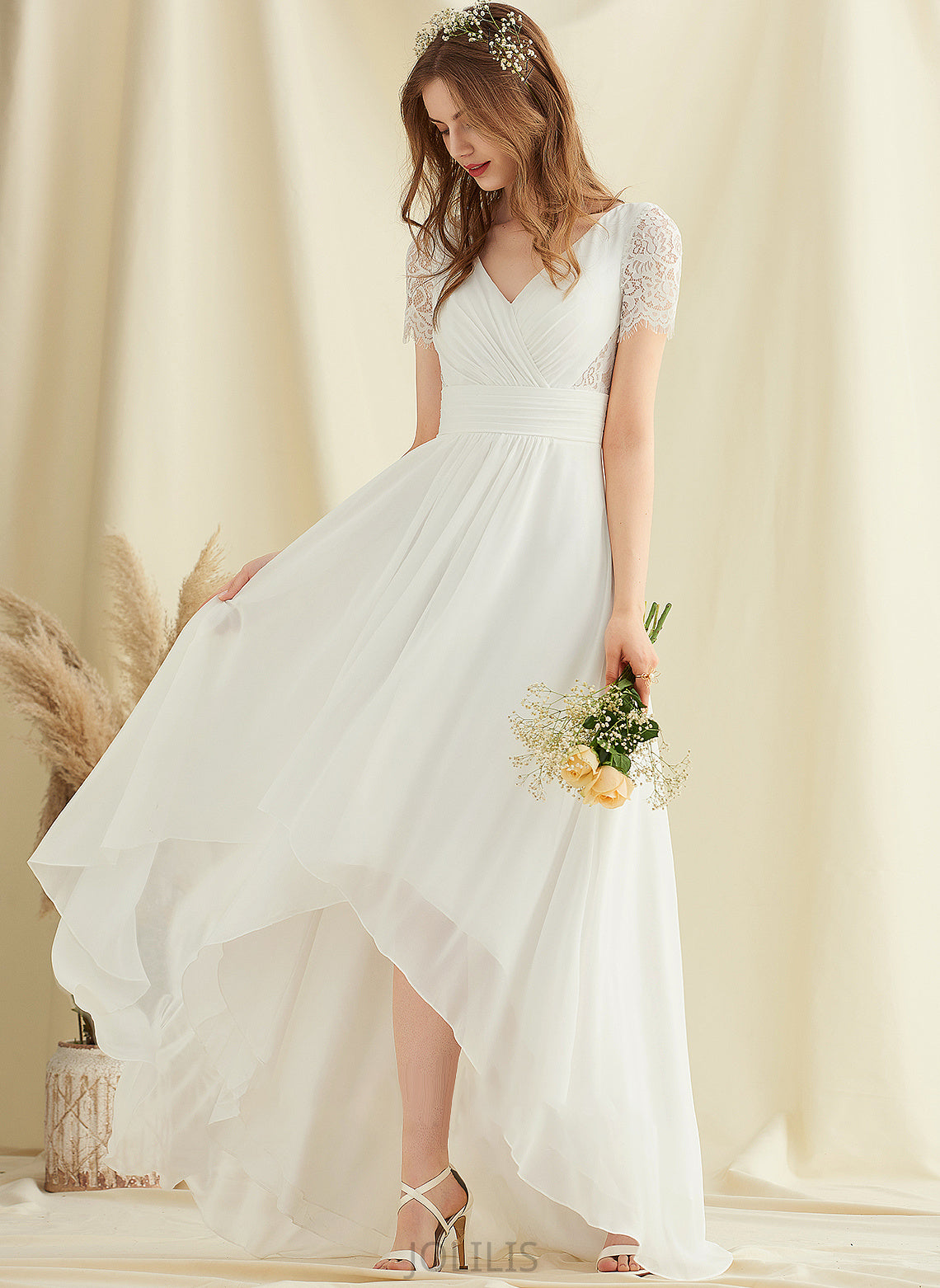 Jadyn Chiffon Asymmetrical Lace Wedding Dresses A-Line V-neck Wedding Dress