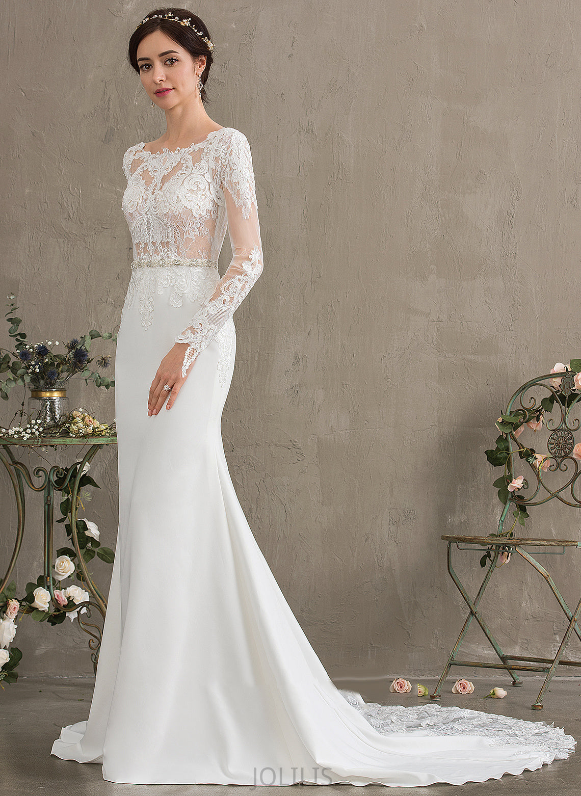 Sequins Wedding Dresses With Lace Wedding Dress Stretch Sophie Neck Scoop Crepe Train Beading Trumpet/Mermaid Chapel