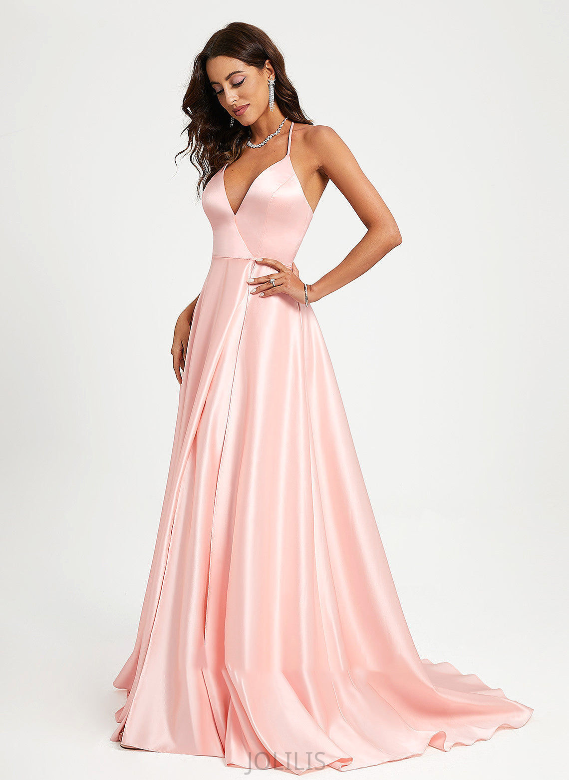 Kathy A-Line Train Satin V-neck Prom Dresses Sweep