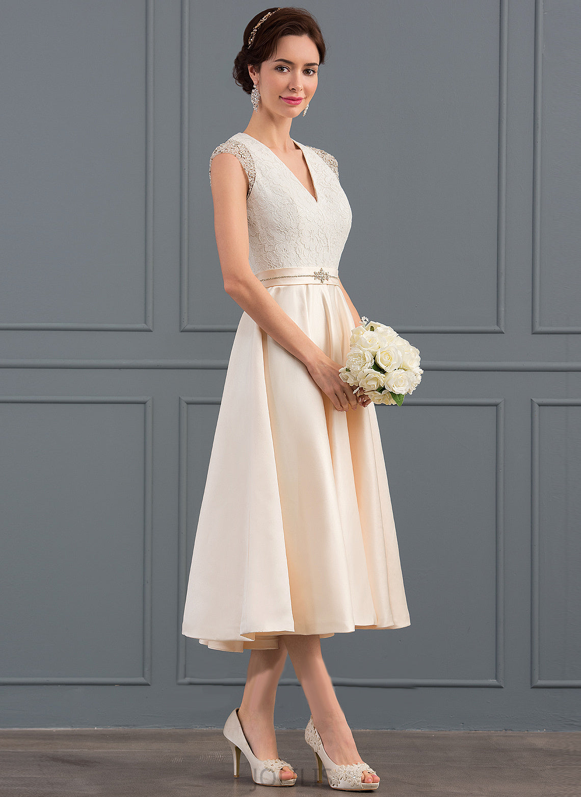 Wedding With V-neck Beading Sequins Maggie A-Line Satin Dress Wedding Dresses Tea-Length