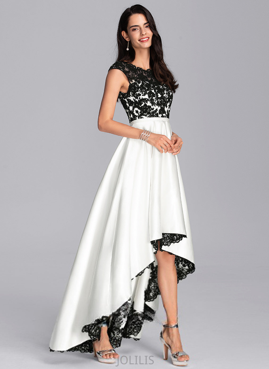 Asymmetrical Scoop Illusion Lace Satin Margery Prom Dresses A-Line