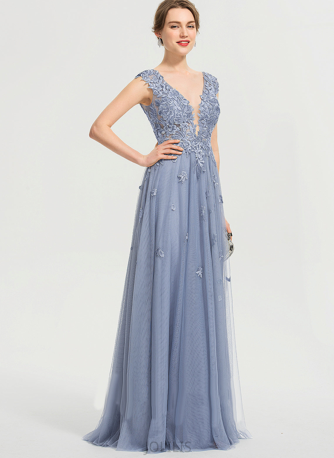 Sequins Prom Dresses V-neck A-Line Floor-Length With Lace Tulle Allie